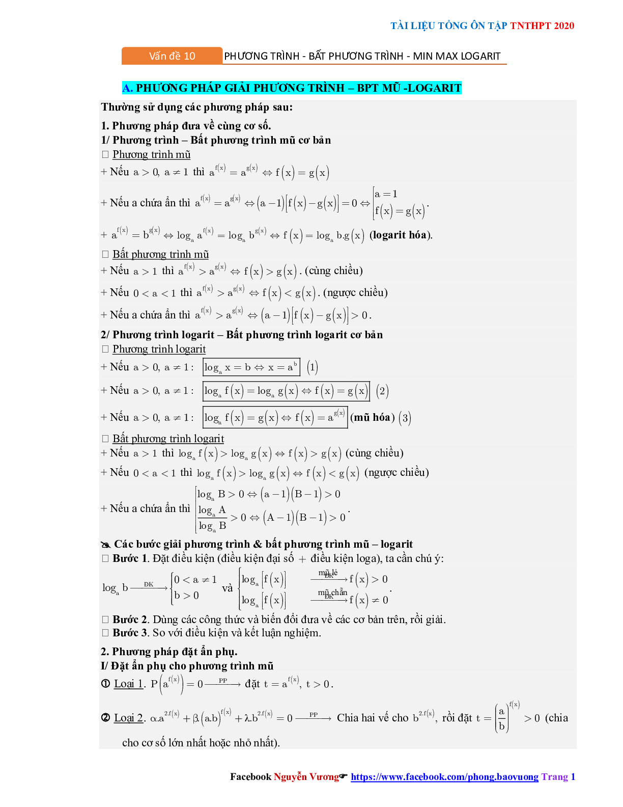Phương pháp giải về Phương trình, bất phương trình mũ và logarit 2023 (lý thuyết và bài tập) (trang 1)