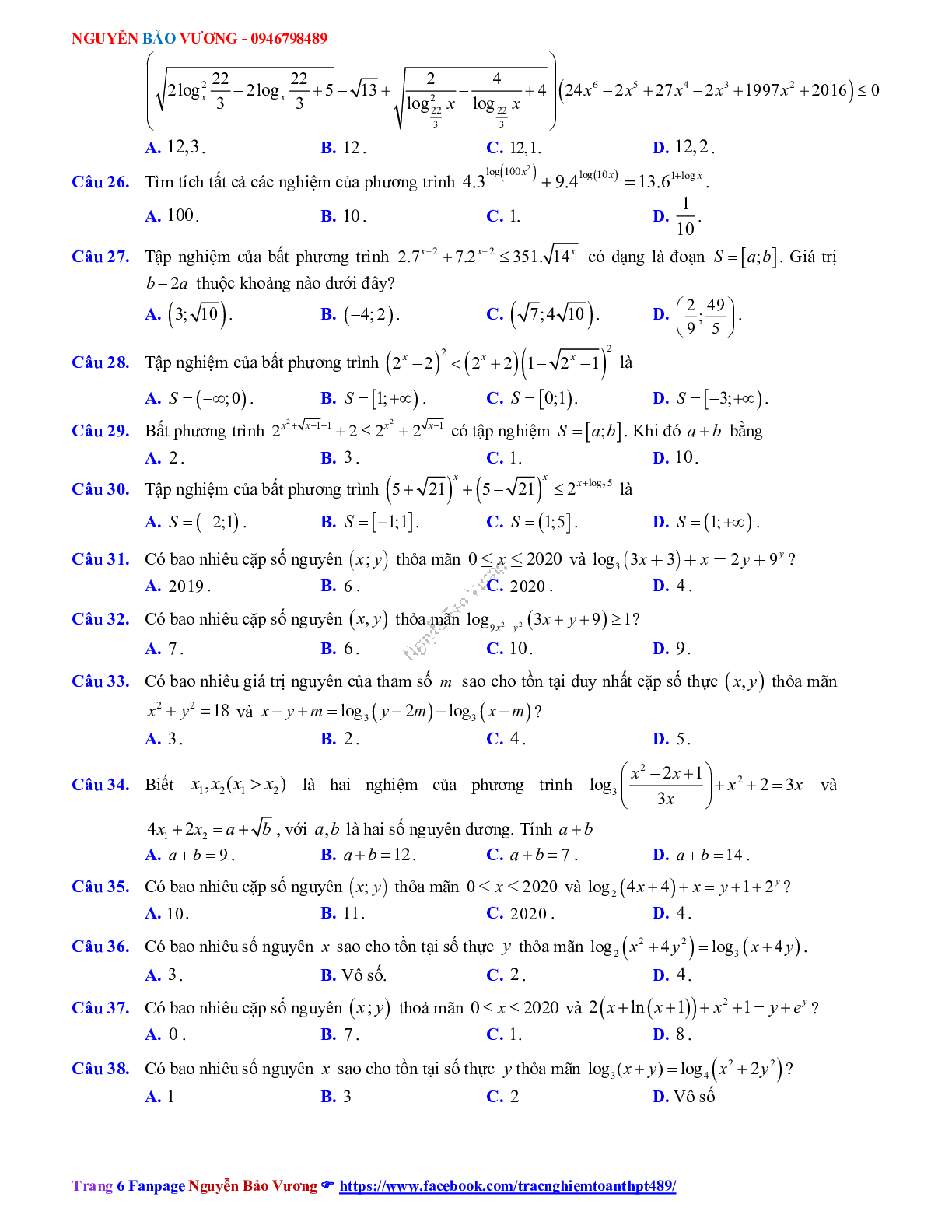 Phương pháp giải về Phương trình, bất phương trình mũ và logarit 2023 (lý thuyết và bài tập) (trang 6)