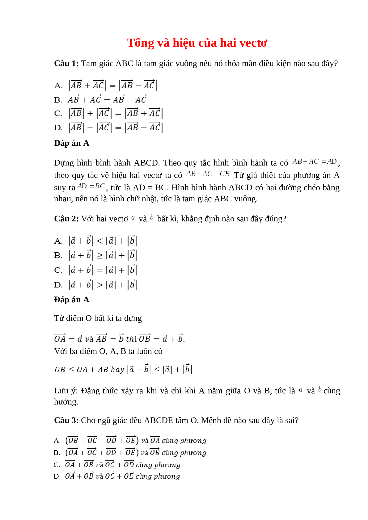 Trắc nghiệm Tổng và hiệu của hai vectơ (phần 1) có đáp án – Toán lớp 10 (trang 1)