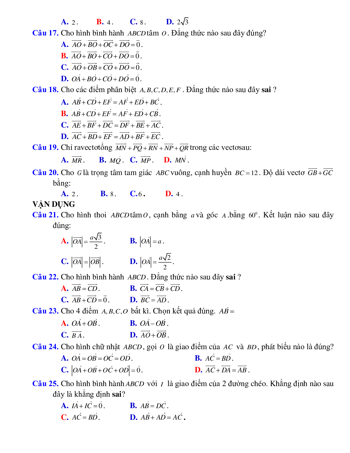 Bài tập Tìm tổng của hai vectơ và tổng của nhiều vectơ có đáp án (trang 4)