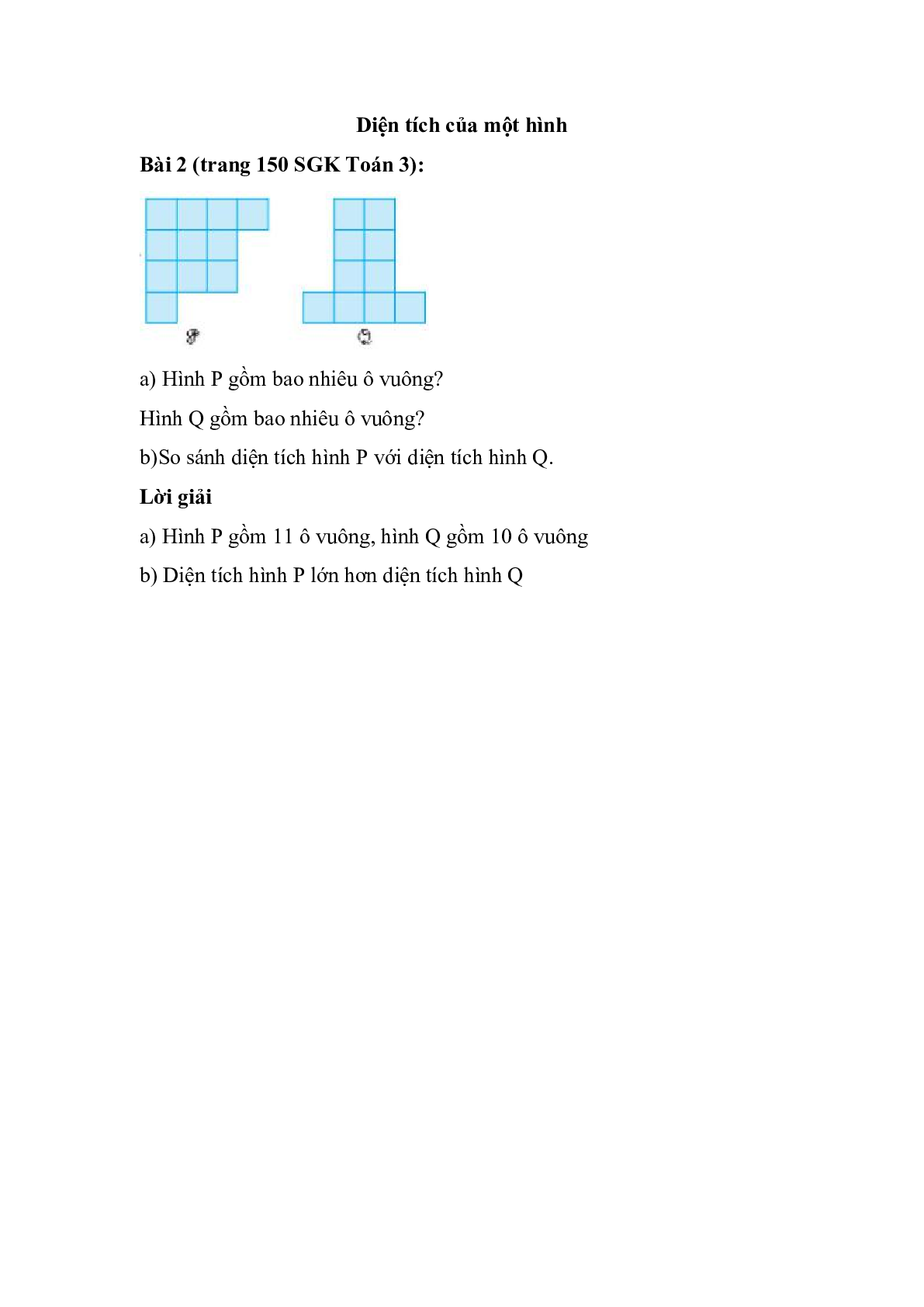 Hình P gồm bao nhiêu ô vuông?  Hình Q gồm bao nhiêu ô vuông (trang 1)