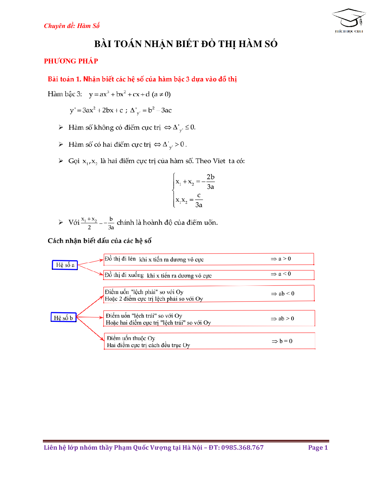 Phương pháp nhận biết dạng đồ thị hàm số môn Toán lớp 12 (trang 1)