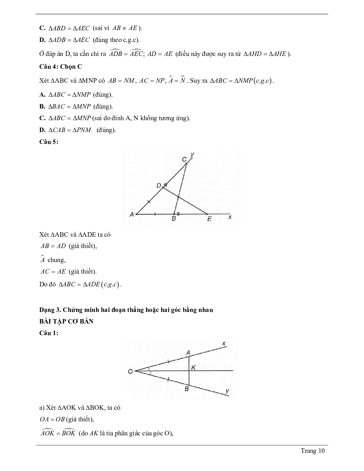 Lý thuyết Toán lớp 7 có đáp án: Trường hợp bằng nhau thứ hai của tam giác: cạnh - góc - cạnh (c.g.c) (trang 10)