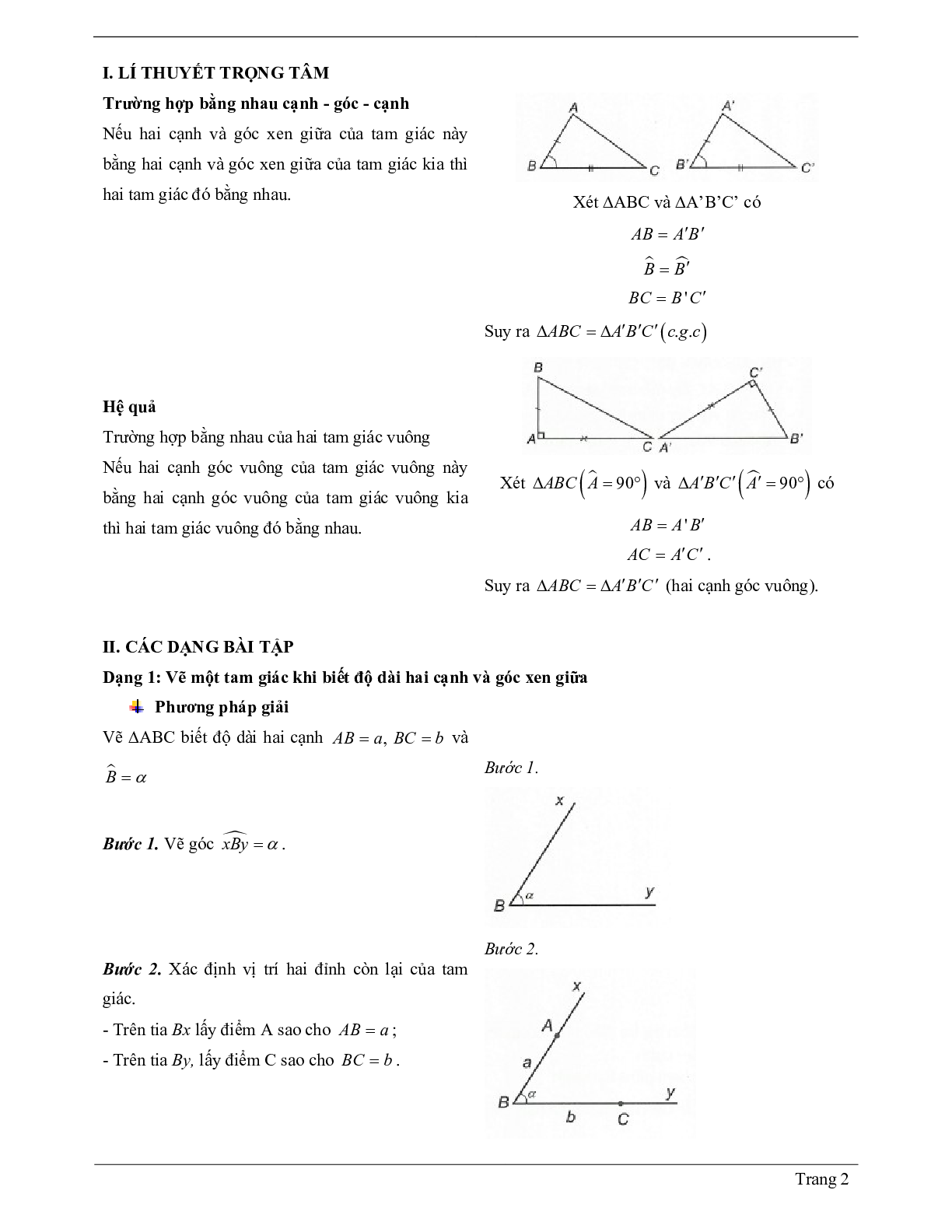Lý thuyết Toán lớp 7 có đáp án: Trường hợp bằng nhau thứ hai của tam giác: cạnh - góc - cạnh (c.g.c) (trang 2)