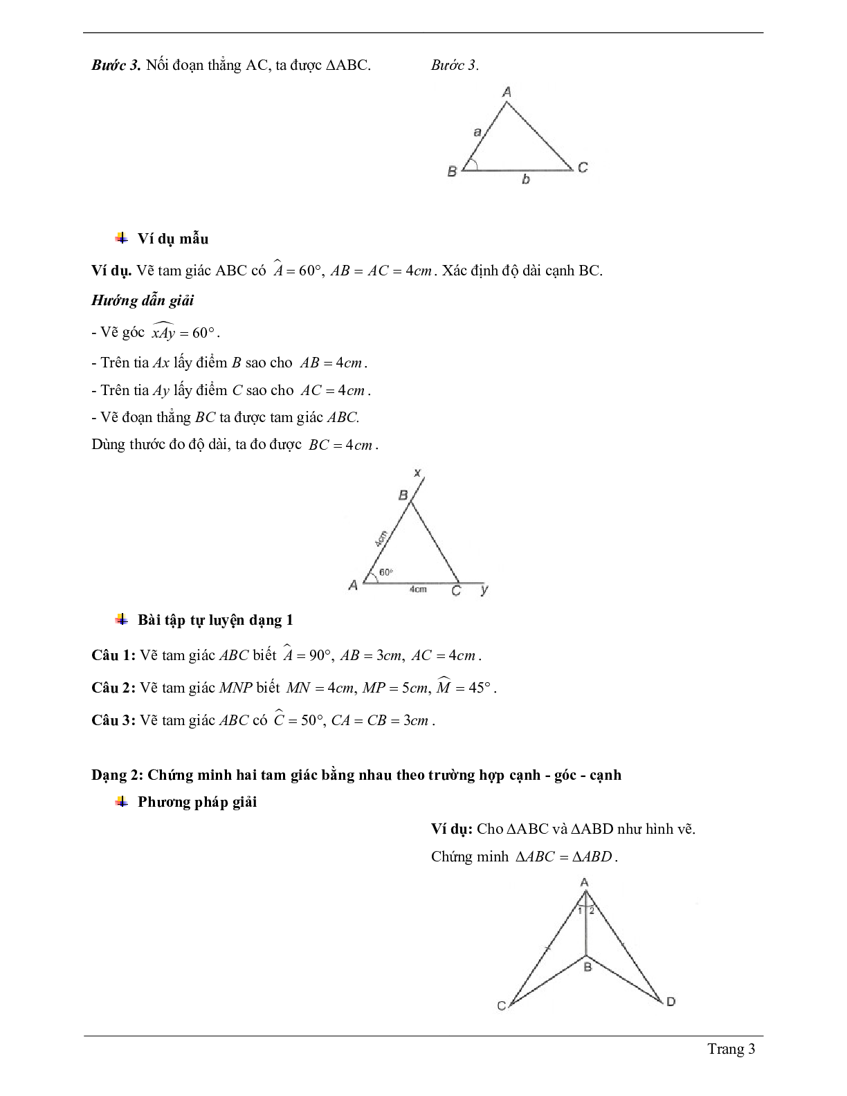 Lý thuyết Toán lớp 7 có đáp án: Trường hợp bằng nhau thứ hai của tam giác: cạnh - góc - cạnh (c.g.c) (trang 3)