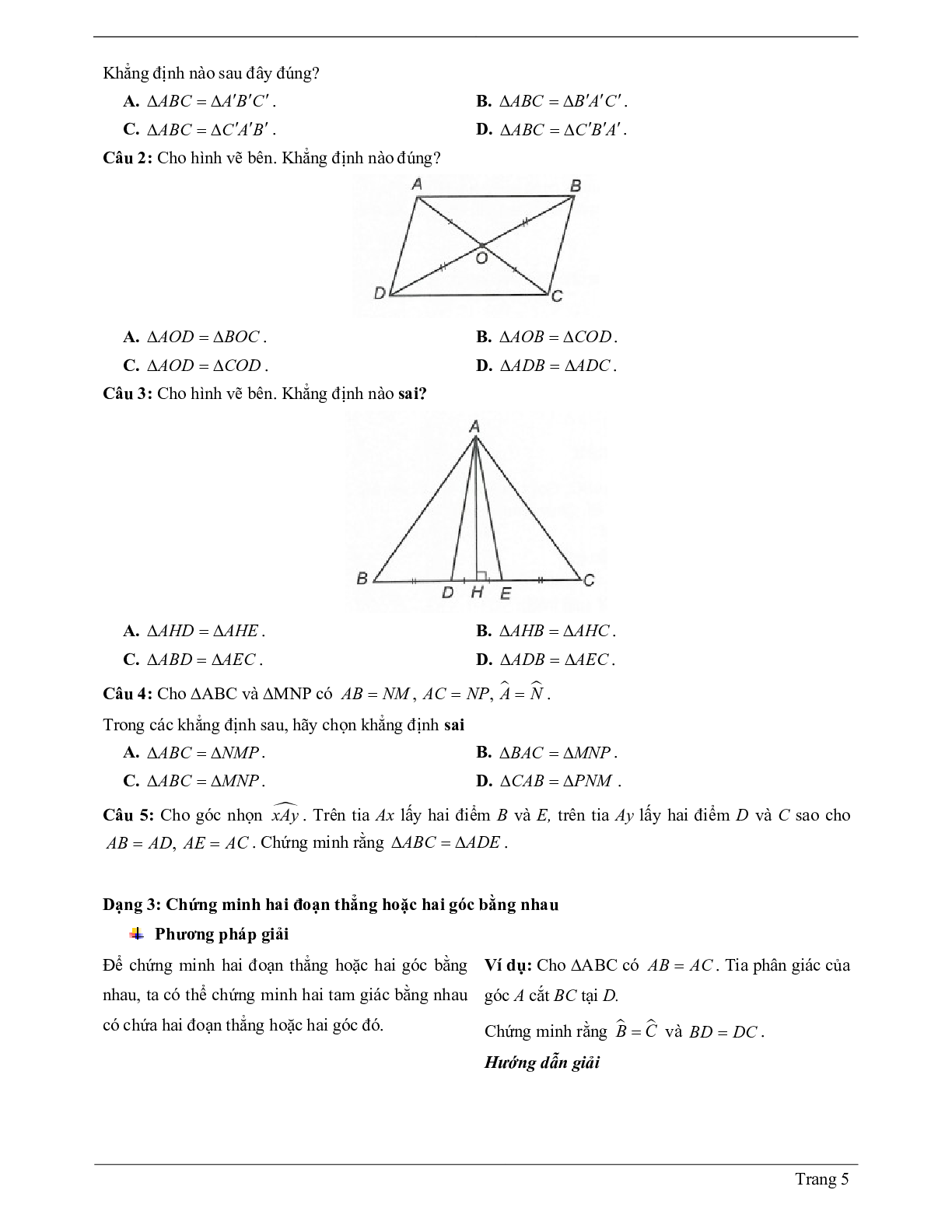 Lý thuyết Toán lớp 7 có đáp án: Trường hợp bằng nhau thứ hai của tam giác: cạnh - góc - cạnh (c.g.c) (trang 5)