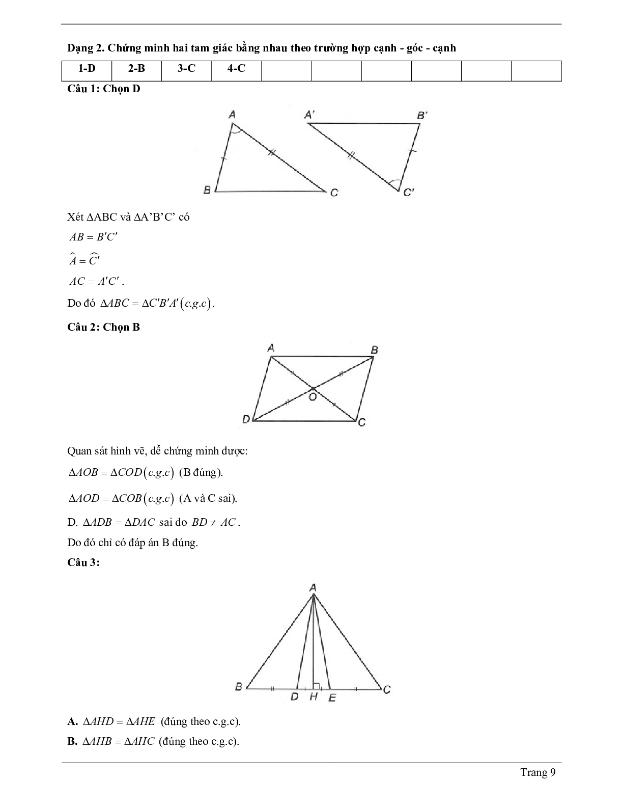 Lý thuyết Toán lớp 7 có đáp án: Trường hợp bằng nhau thứ hai của tam giác: cạnh - góc - cạnh (c.g.c) (trang 9)