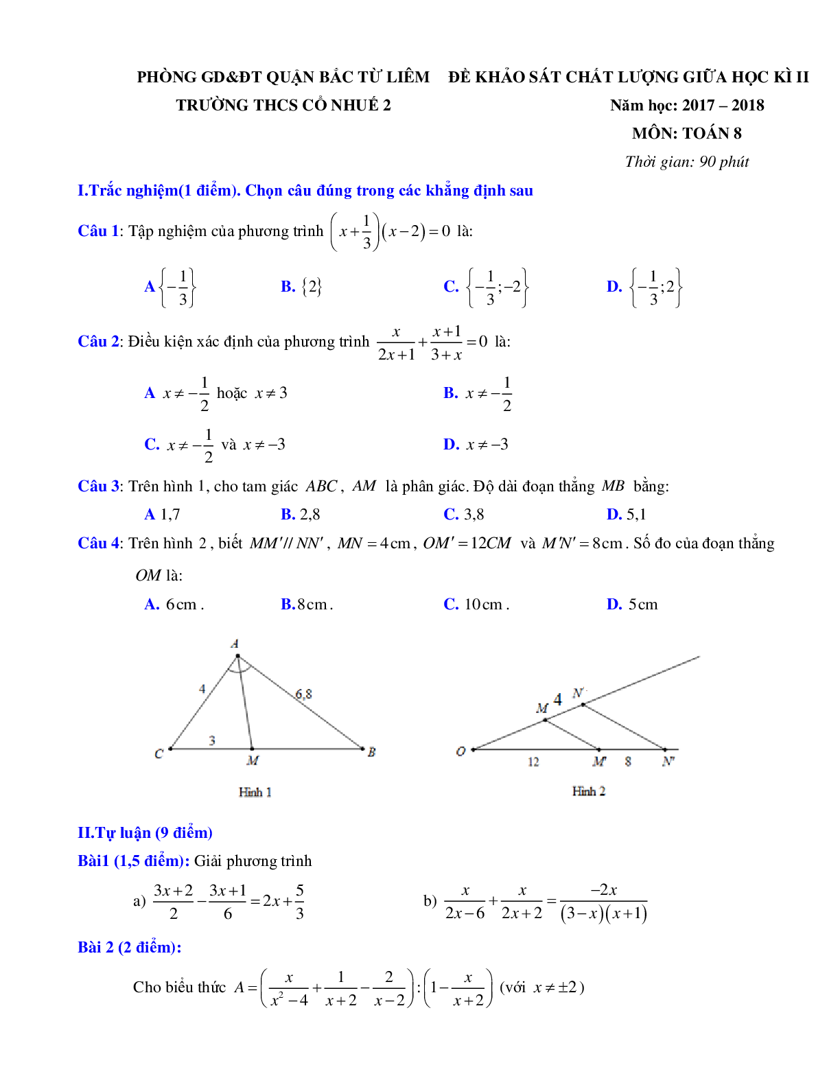 Bộ đề thi giữa kì 2 môn toán lớp 8 (trang 1)