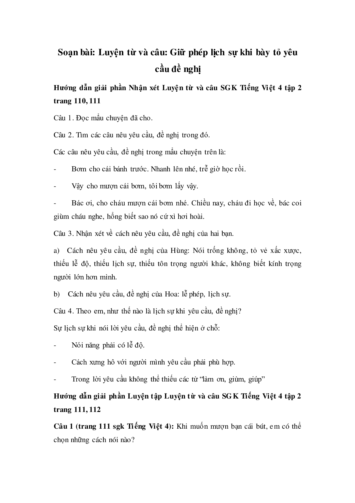 Soạn Tiếng Việt lớp 4: Luyện từ và câu: Giữ phép lịch sự khi bày tỏ yêu cầu đề nghị mới nhất (trang 1)