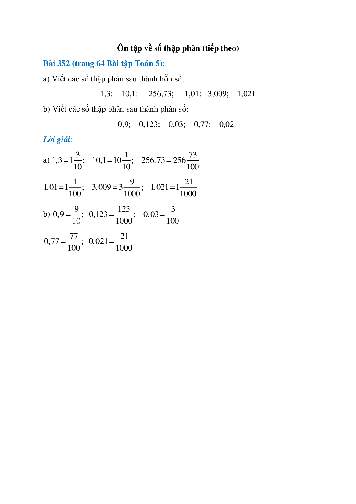 Viết các số thập phân sau thành hỗn số: 1,3; 10,1; 256,73 (trang 1)