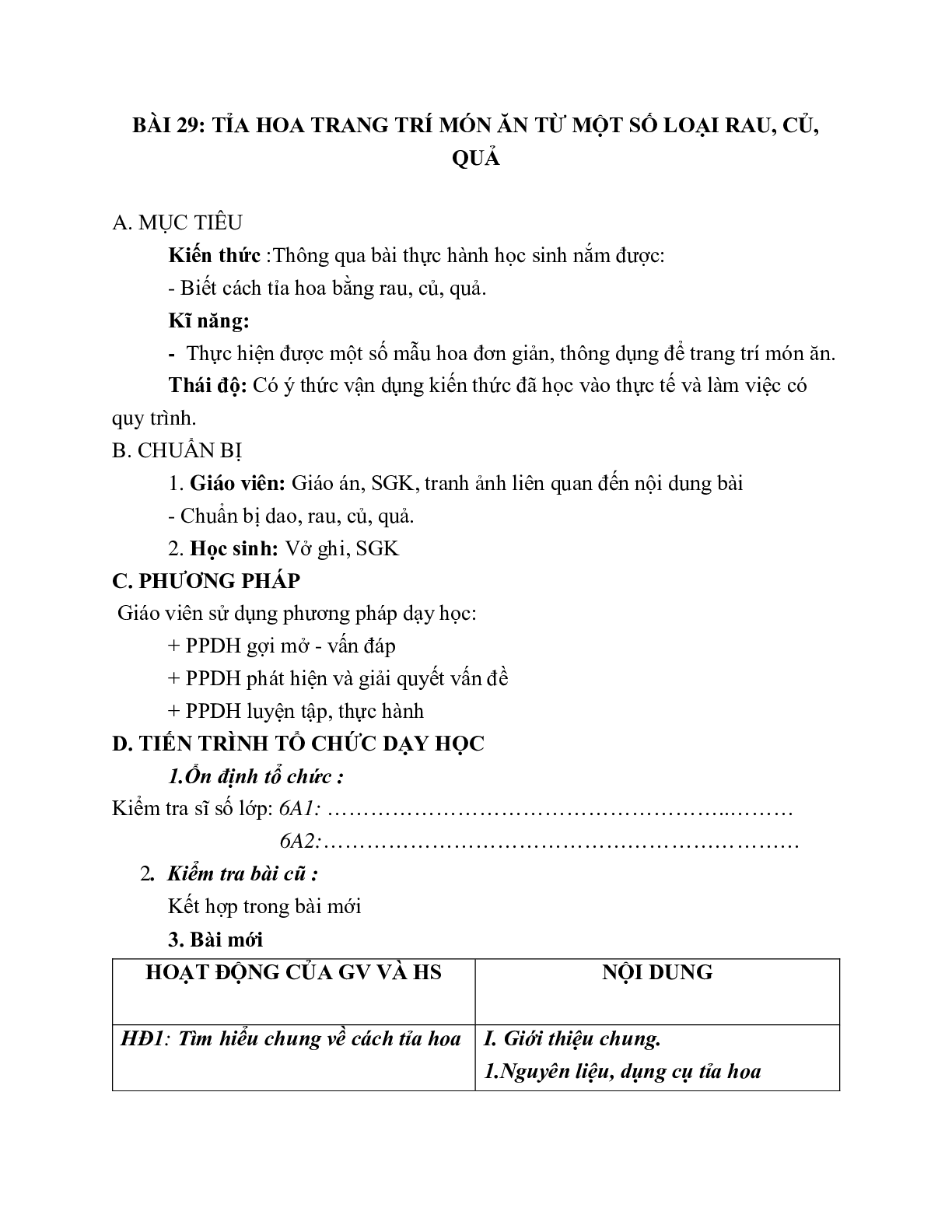 GIÁO ÁN CÔNG NGHỆ 6 BÀI 29: TỈA HOA TRANG TRÍ MÓN ĂN TỪ MỘT SỐ LOẠI RAU, CỦ, QUẢ MỚI NHẤT – CV5512 (trang 1)