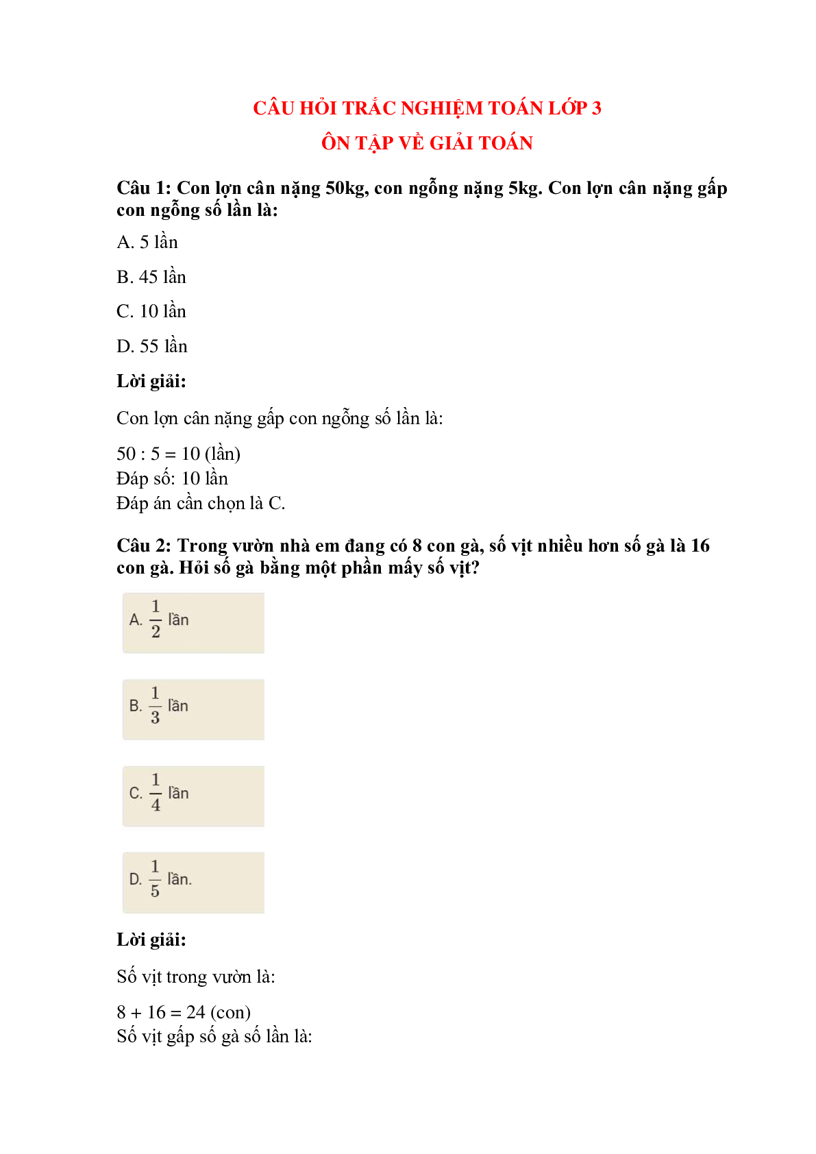 Trắc nghiệm Ôn tập về giải toán có đáp án – Toán lớp 3 (trang 1)