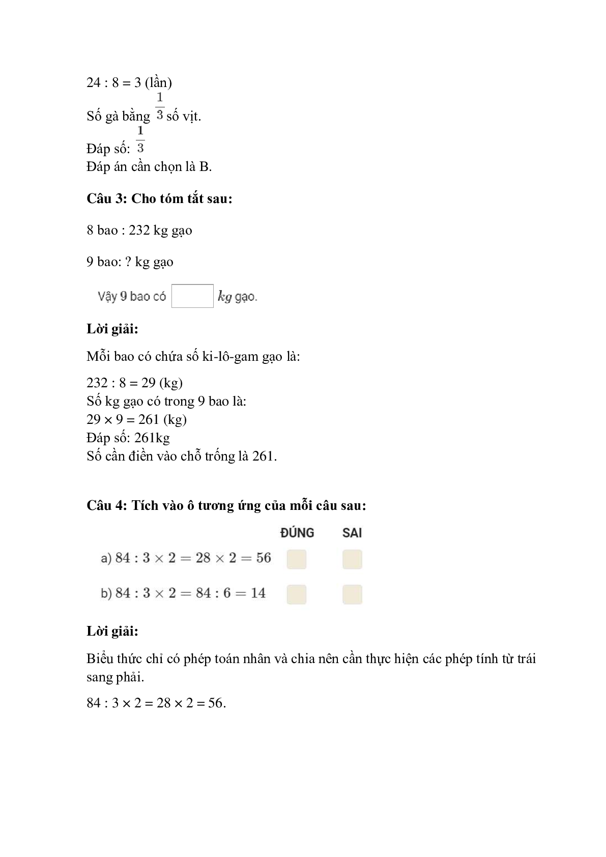 Trắc nghiệm Ôn tập về giải toán có đáp án – Toán lớp 3 (trang 2)