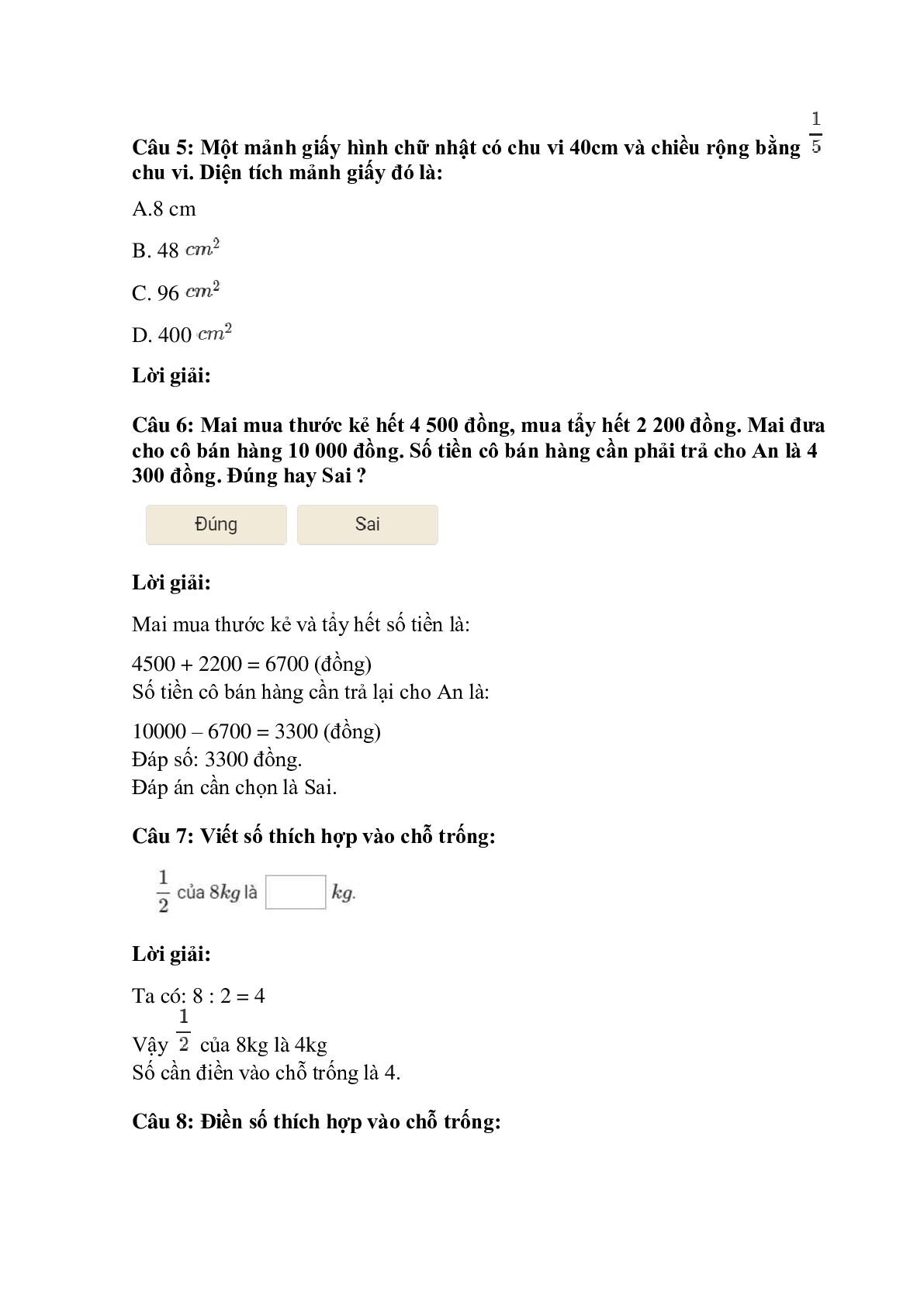 Trắc nghiệm Ôn tập về giải toán có đáp án – Toán lớp 3 (trang 3)