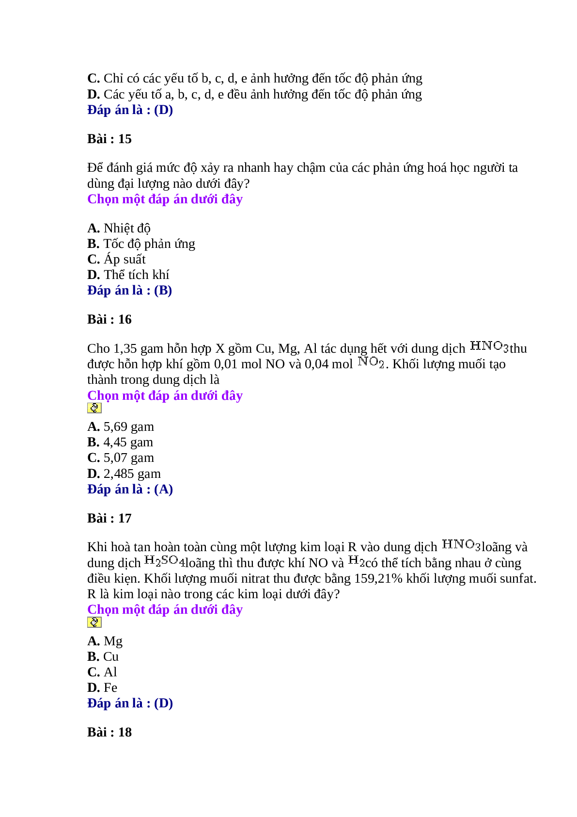 Tuyển chọn 20 câu trắc nghiệm về tốc độ phản ứng có đáp án (trang 5)