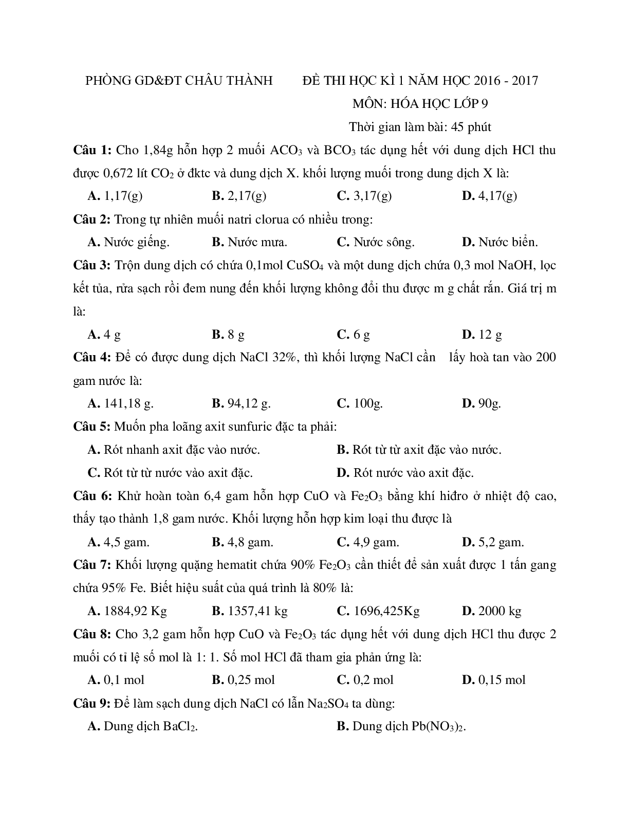 Bộ 5 đề thi Học kì 1 Hóa học lớp 9 có đáp án (trang 7)