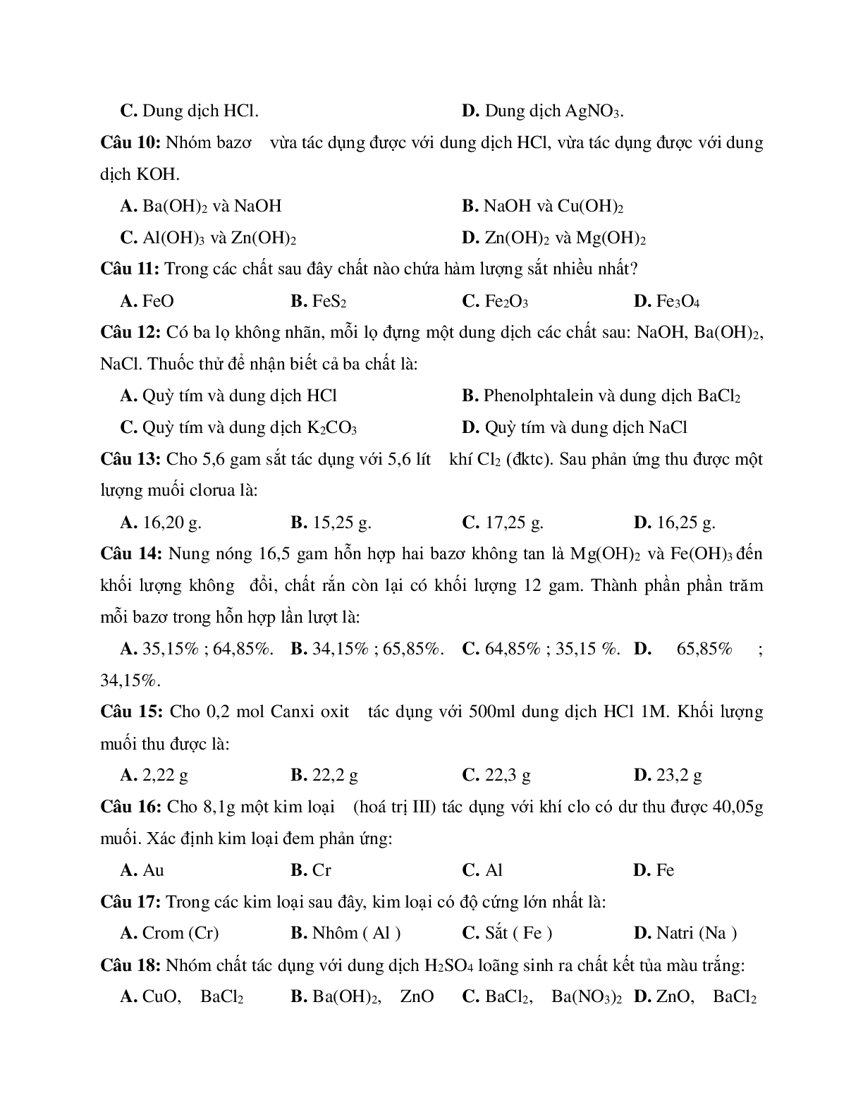 Bộ 5 đề thi Học kì 1 Hóa học lớp 9 có đáp án (trang 8)