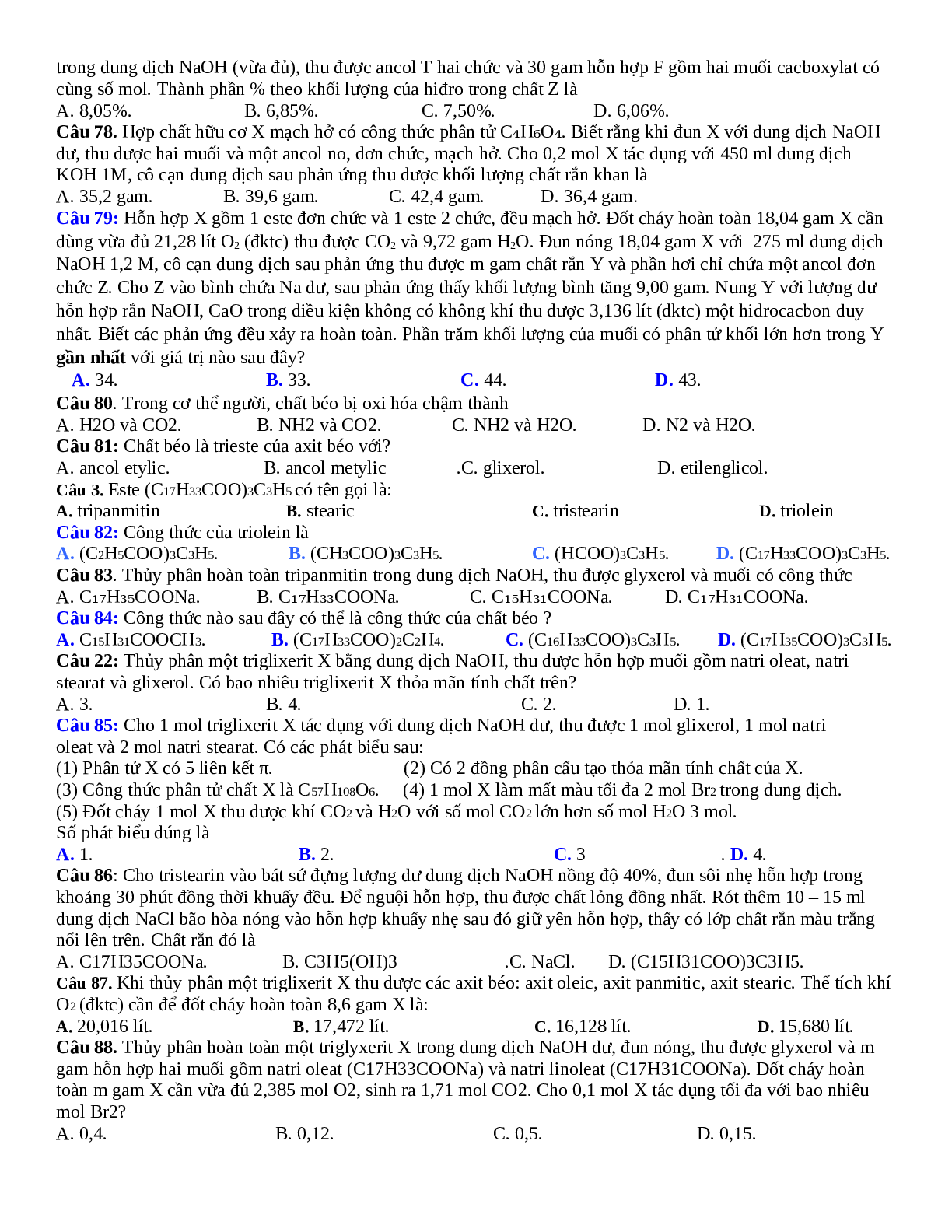 Bài tập về este-lipit trong đề thi đại hoc có đáp án, chọn lọc (trang 9)