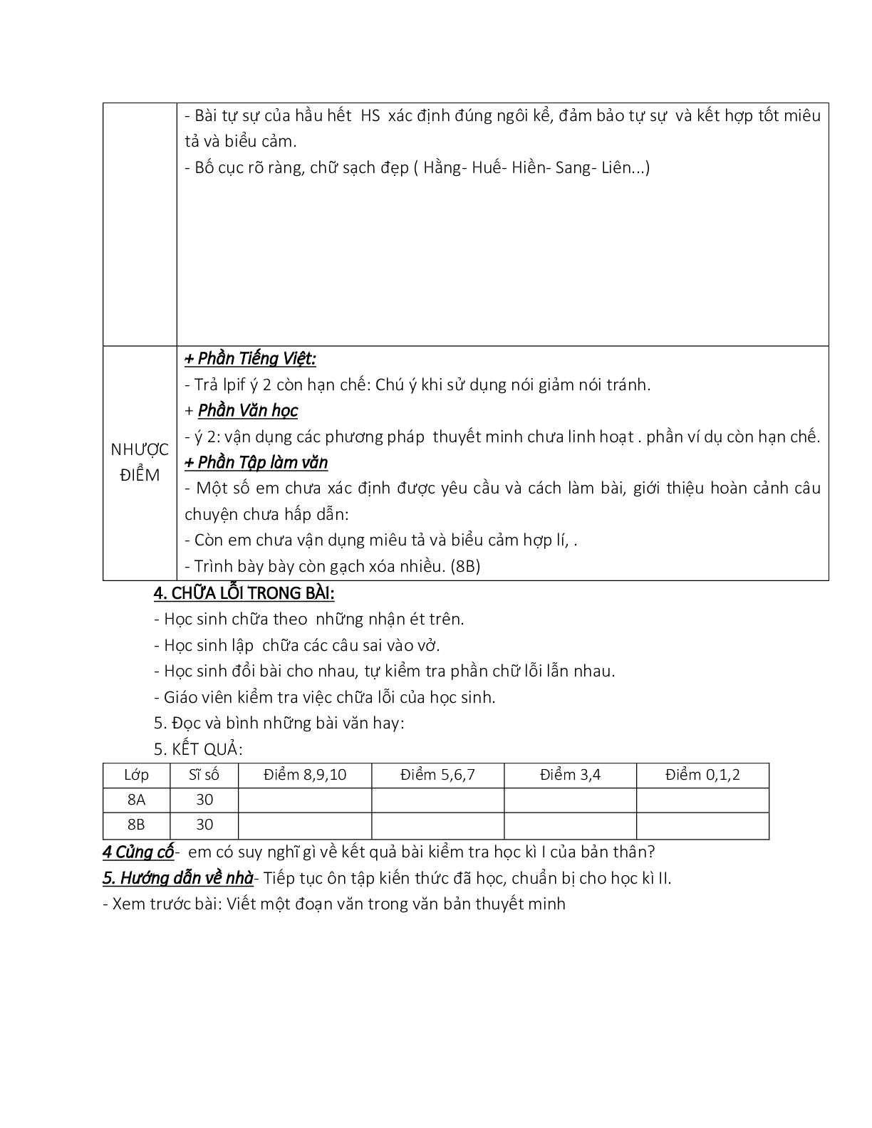 Giáo án ngữ văn lớp 8 Tuần 19 Tiết 72: Trả bài kiểm tra tổng hợp (trang 2)