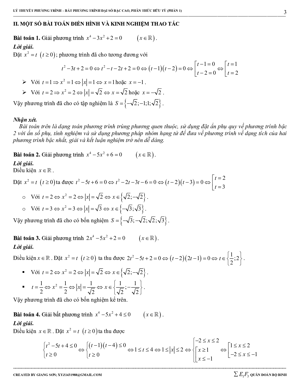 Chuyên đề phương trình – bất phương trình bậc cao và phân thức hữu tỉ (trang 3)