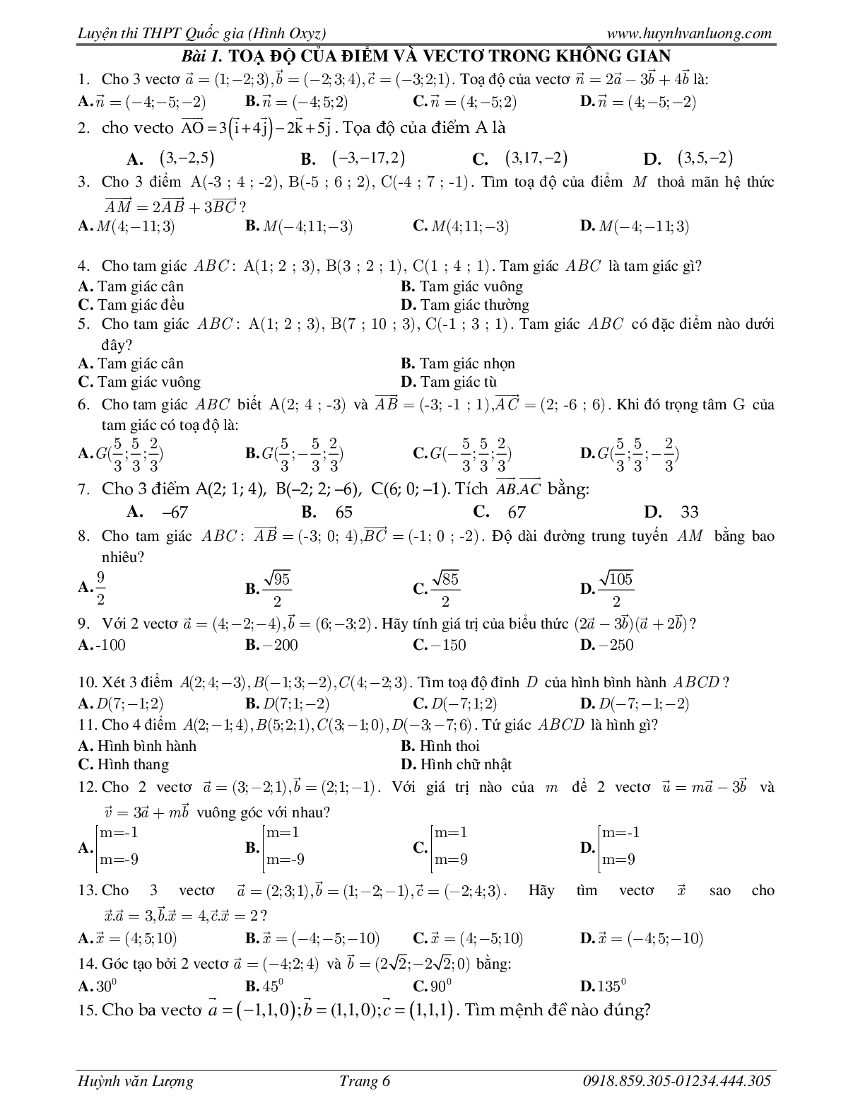 236 Bài tập trắc nghiệm hình học Oxyz môn Toán lớp 12 năm 2023 (trang 6)