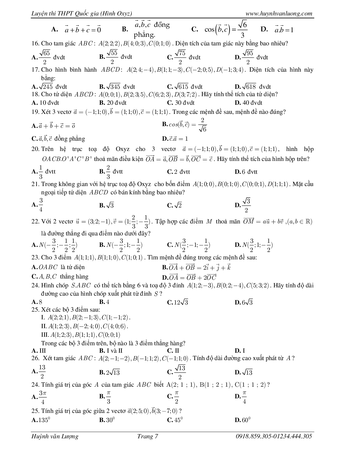236 Bài tập trắc nghiệm hình học Oxyz môn Toán lớp 12 năm 2023 (trang 7)