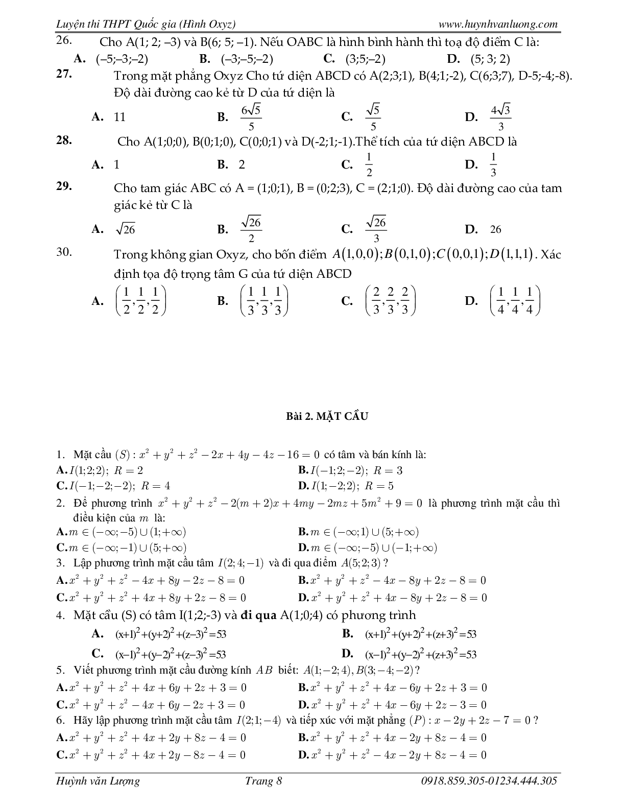 236 Bài tập trắc nghiệm hình học Oxyz môn Toán lớp 12 năm 2023 (trang 8)