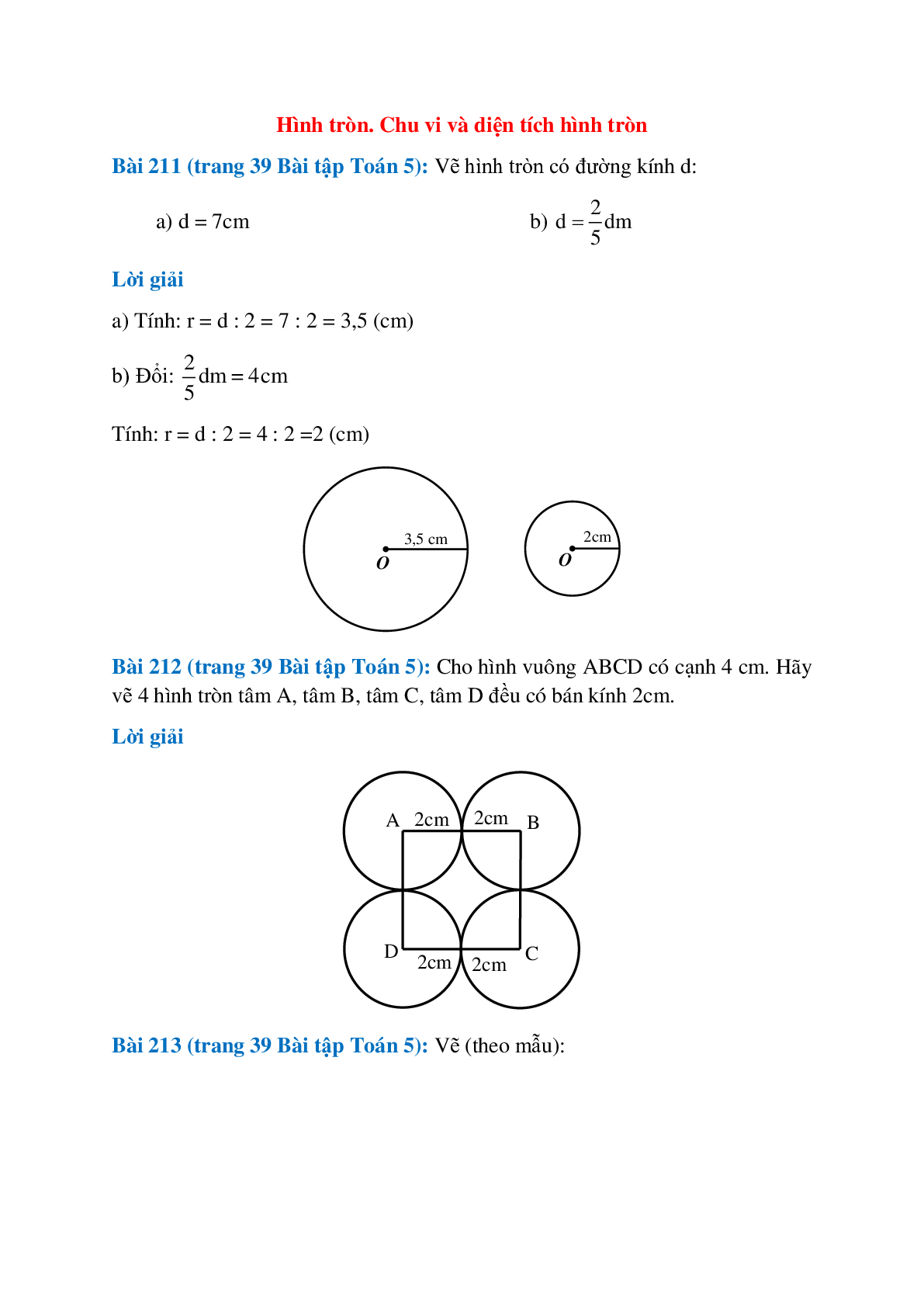 SBT Toán lớp 5 trang 39, 40, 41 Hình tròn. Chu vi và diện tích hình tròn (trang 1)