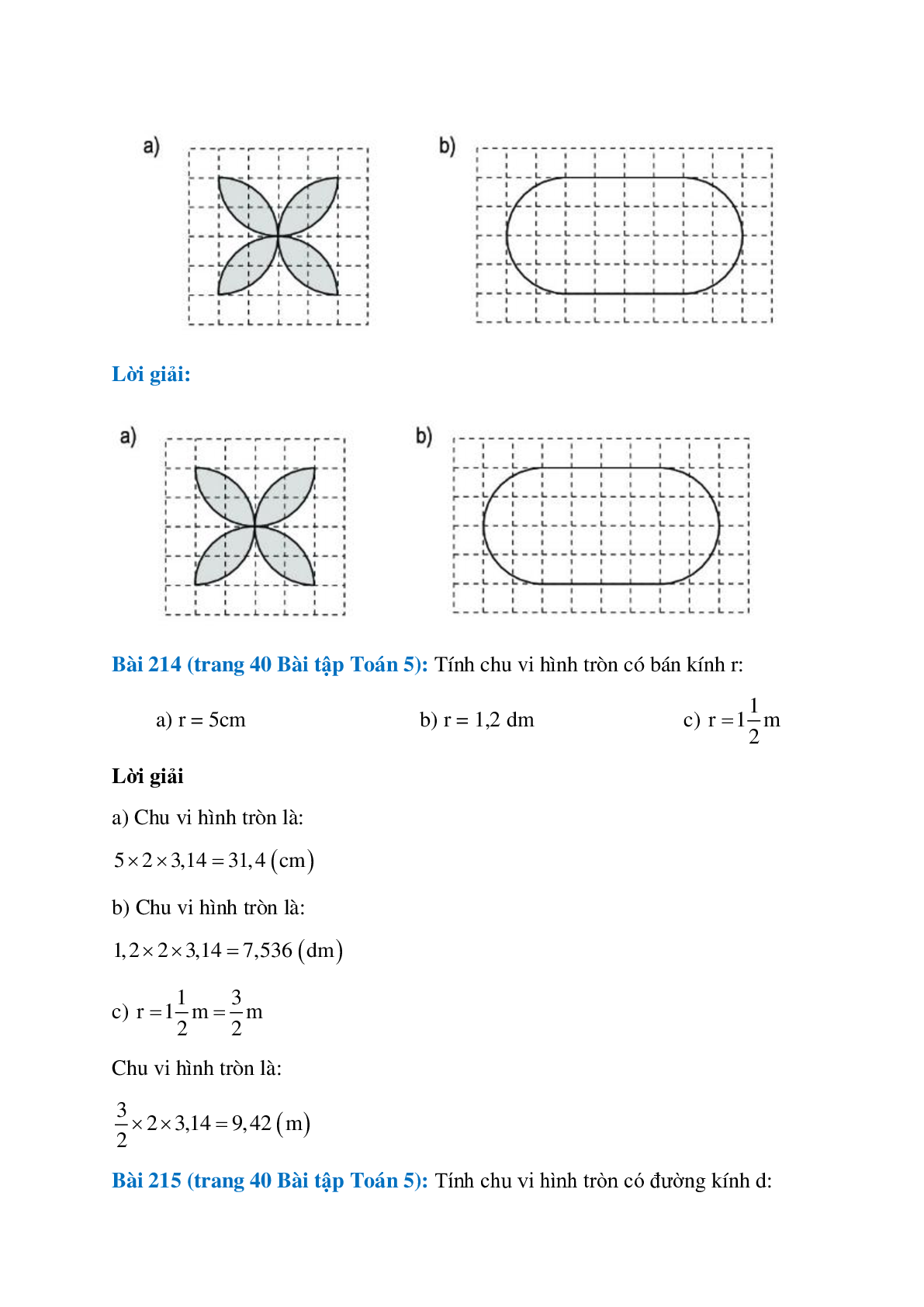 SBT Toán lớp 5 trang 39, 40, 41 Hình tròn. Chu vi và diện tích hình tròn (trang 2)