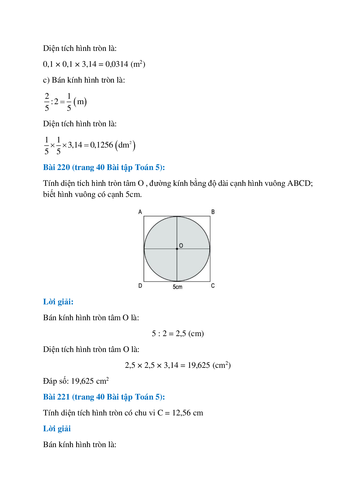 SBT Toán lớp 5 trang 39, 40, 41 Hình tròn. Chu vi và diện tích hình tròn (trang 5)