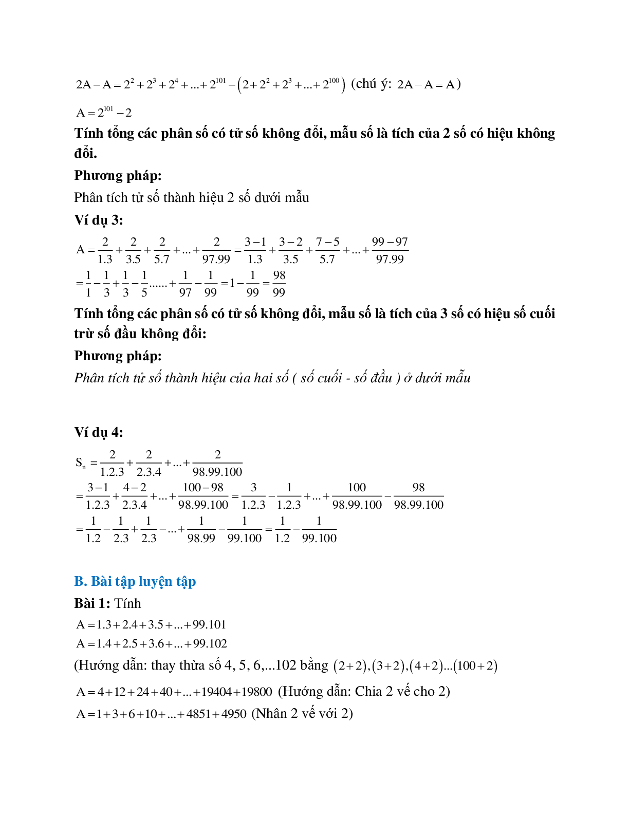 Phương pháp giải và bài tập về Các bài toán tính tổng theo quy luật đầy đủ chọn lọc (trang 2)
