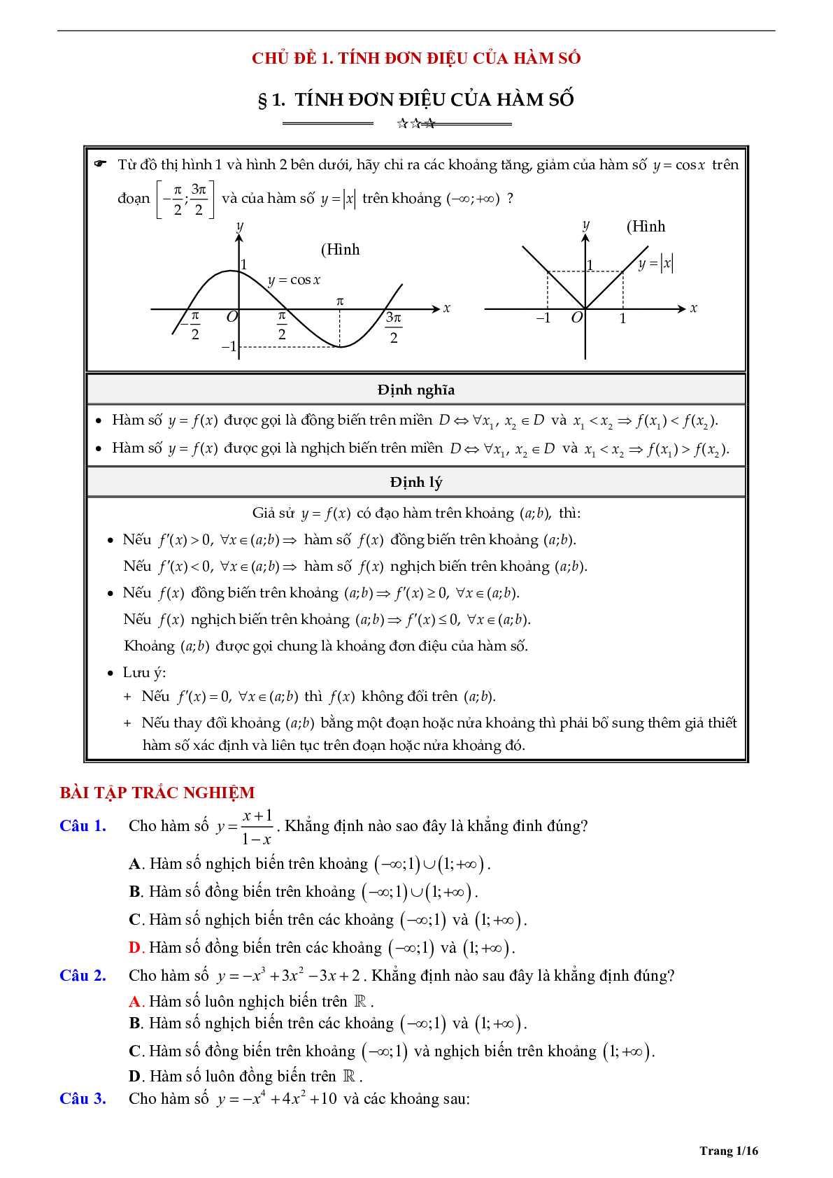 Tóm tắt lý thuyết và bài tập trắc nghiệm về tính đơn điệu của hàm số (trang 1)