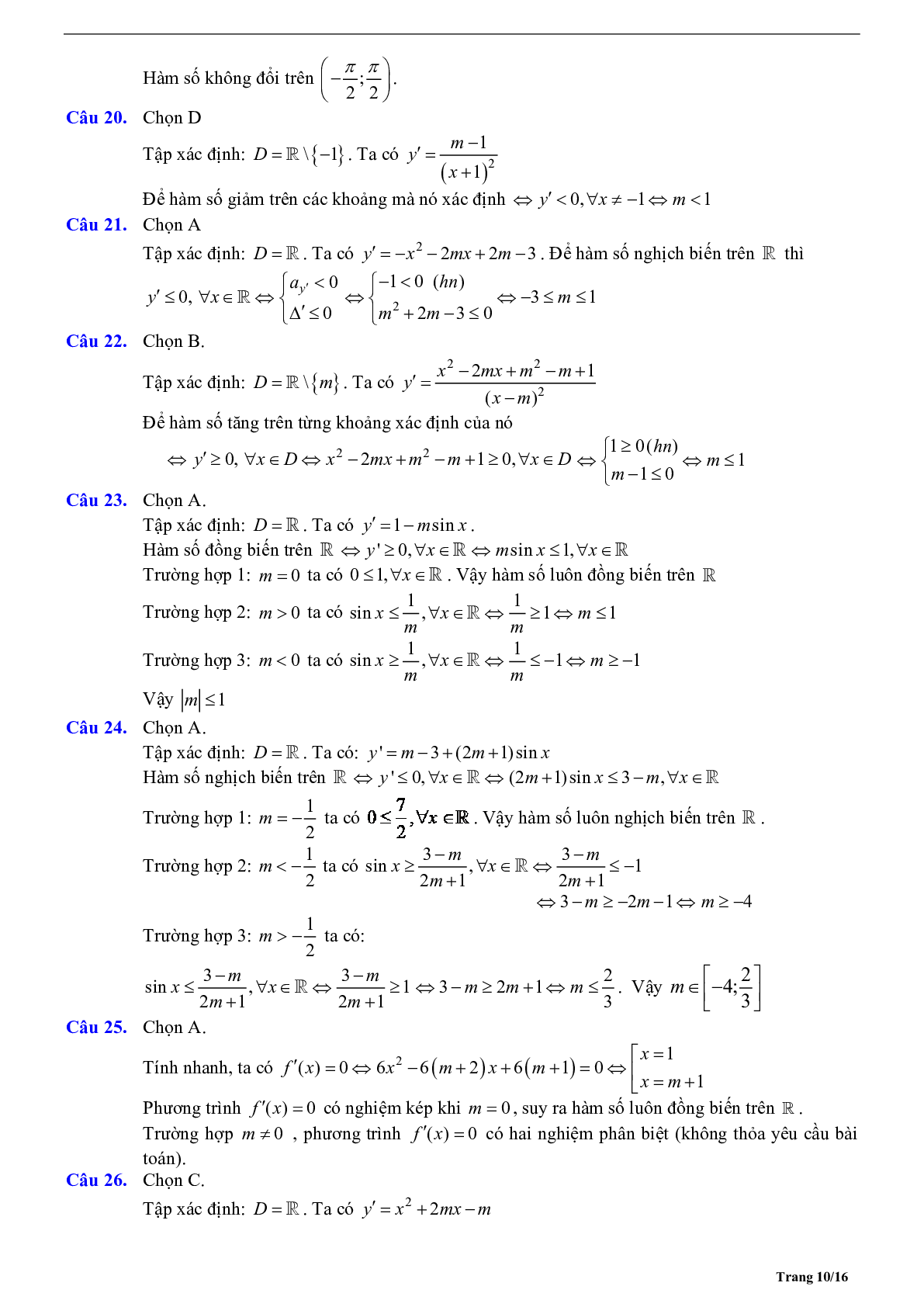 Tóm tắt lý thuyết và bài tập trắc nghiệm về tính đơn điệu của hàm số (trang 10)