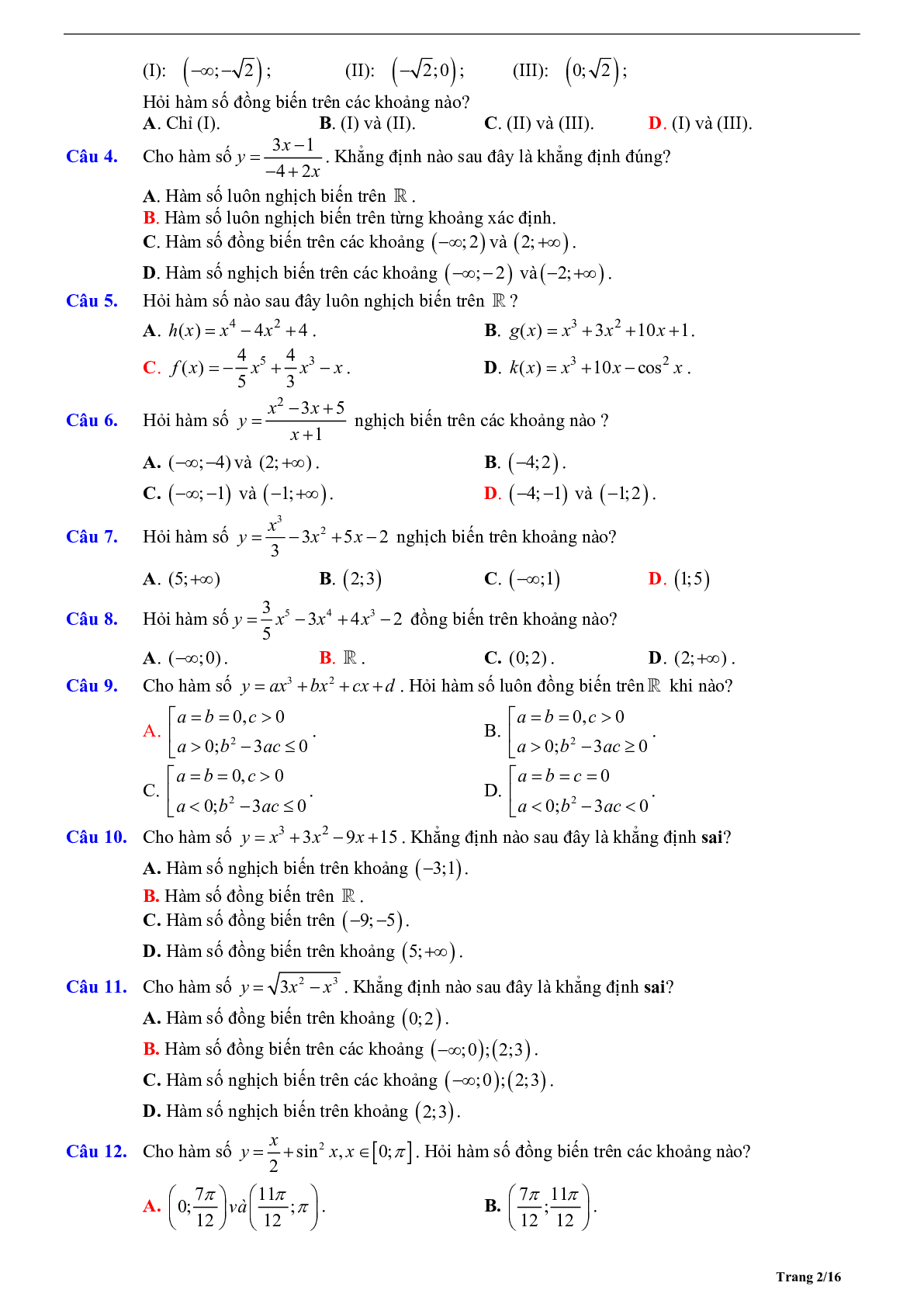 Tóm tắt lý thuyết và bài tập trắc nghiệm về tính đơn điệu của hàm số (trang 2)