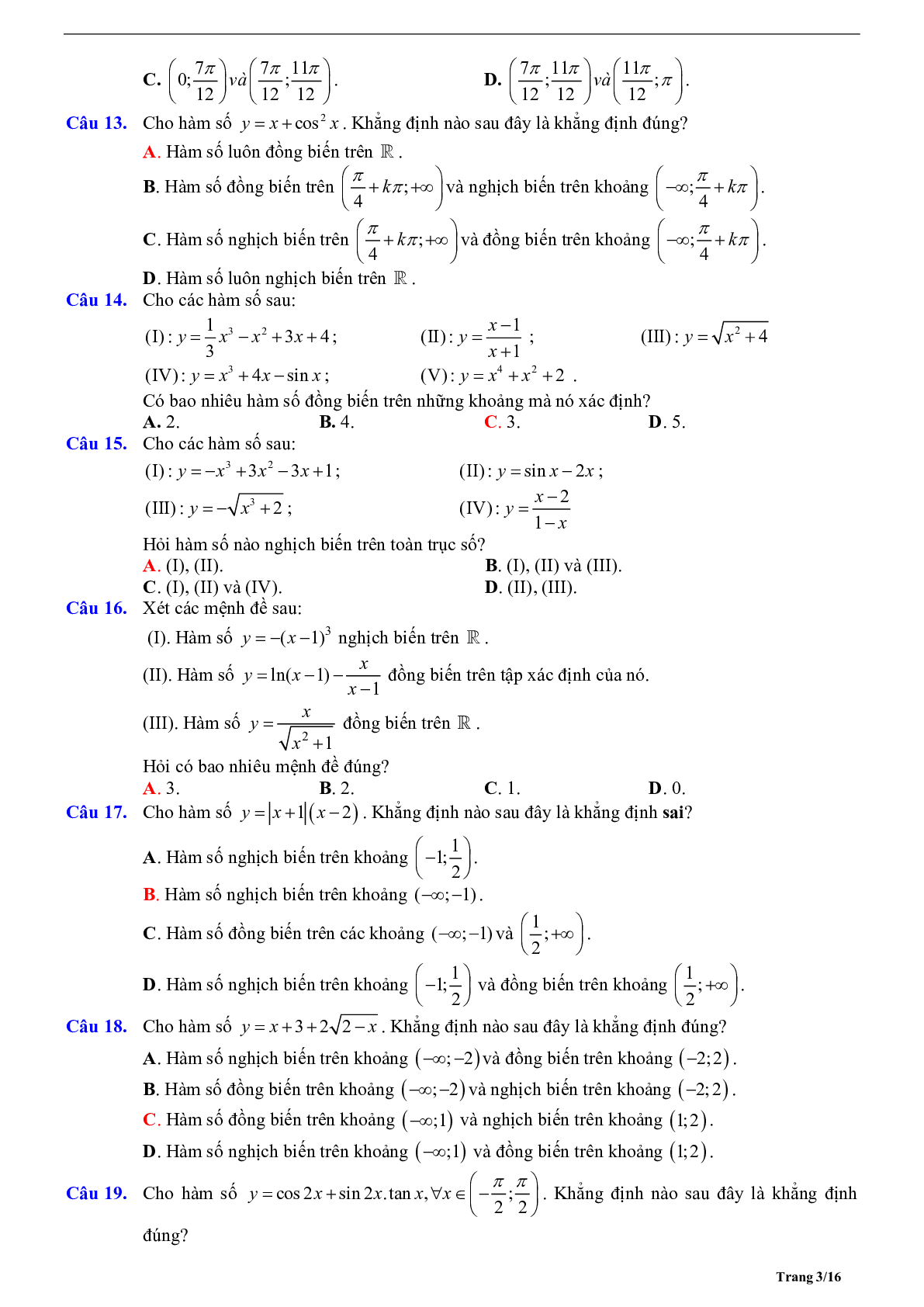 Tóm tắt lý thuyết và bài tập trắc nghiệm về tính đơn điệu của hàm số (trang 3)