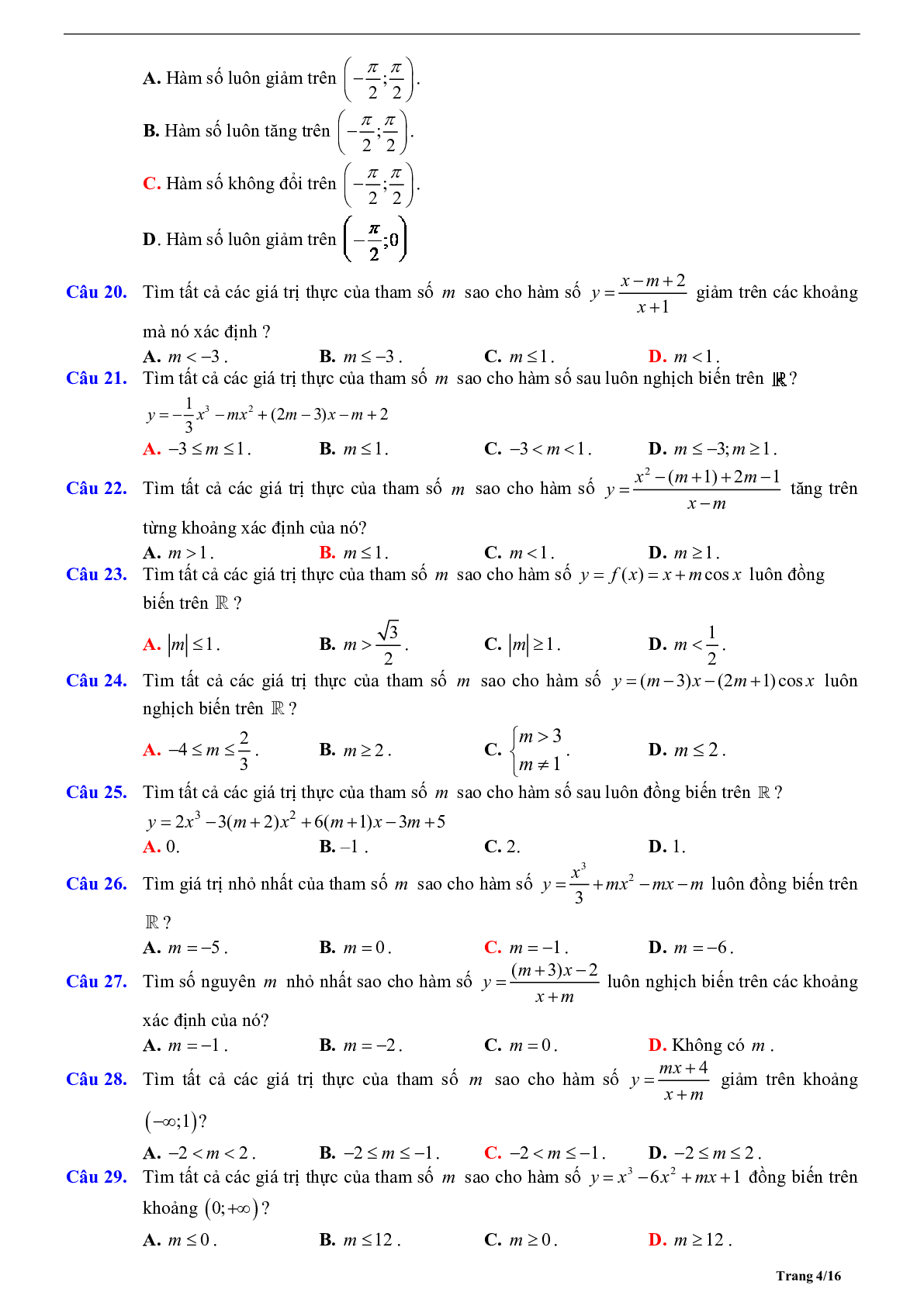 Tóm tắt lý thuyết và bài tập trắc nghiệm về tính đơn điệu của hàm số (trang 4)