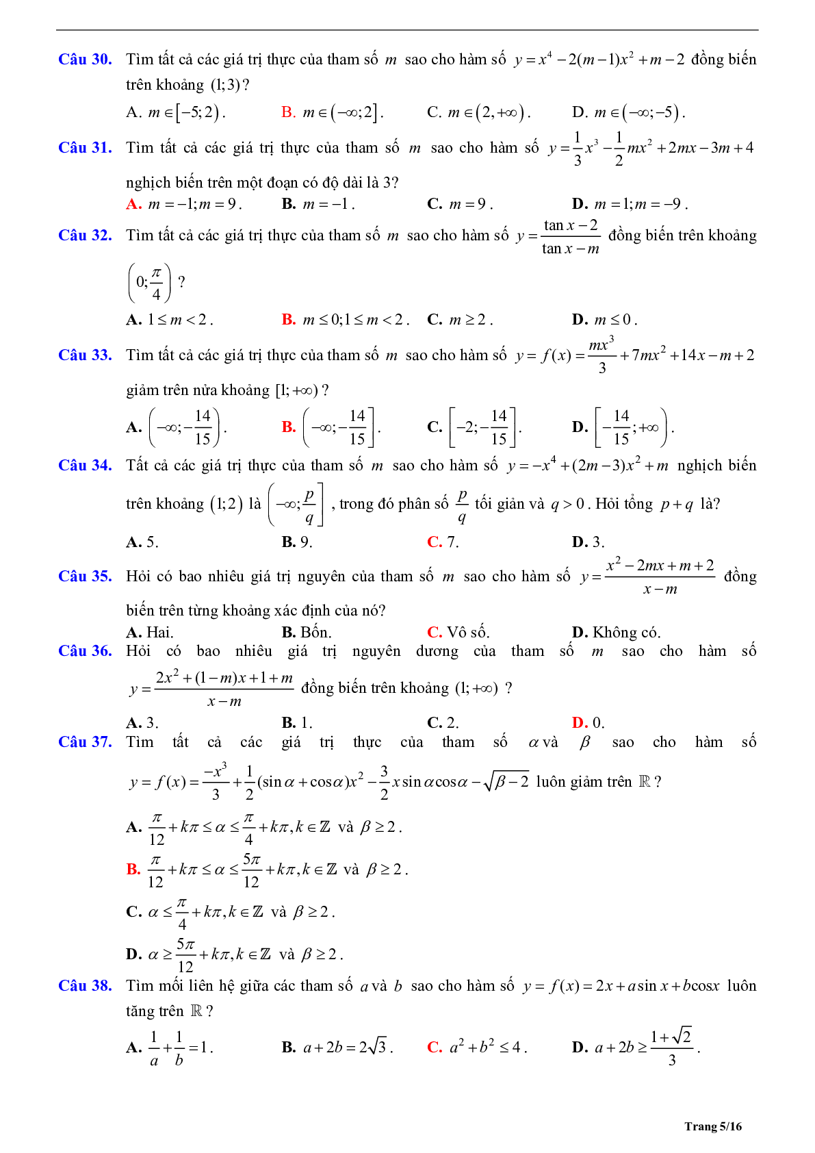 Tóm tắt lý thuyết và bài tập trắc nghiệm về tính đơn điệu của hàm số (trang 5)