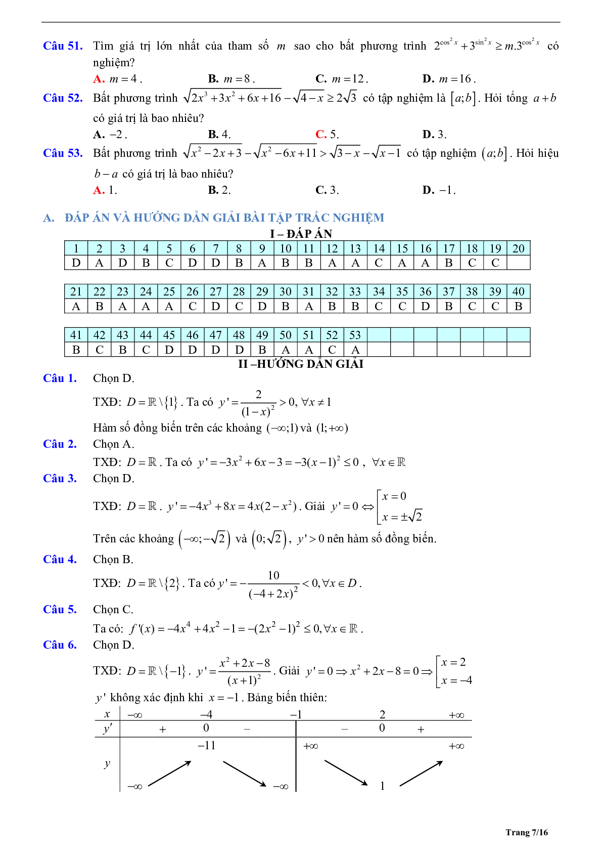 Tóm tắt lý thuyết và bài tập trắc nghiệm về tính đơn điệu của hàm số (trang 7)