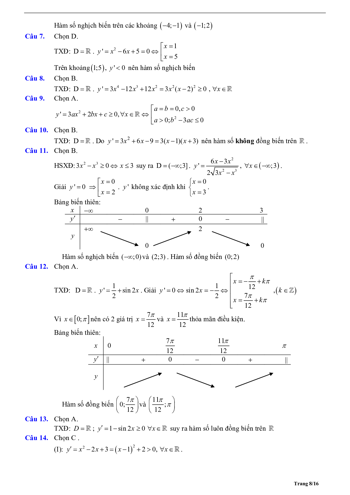 Tóm tắt lý thuyết và bài tập trắc nghiệm về tính đơn điệu của hàm số (trang 8)