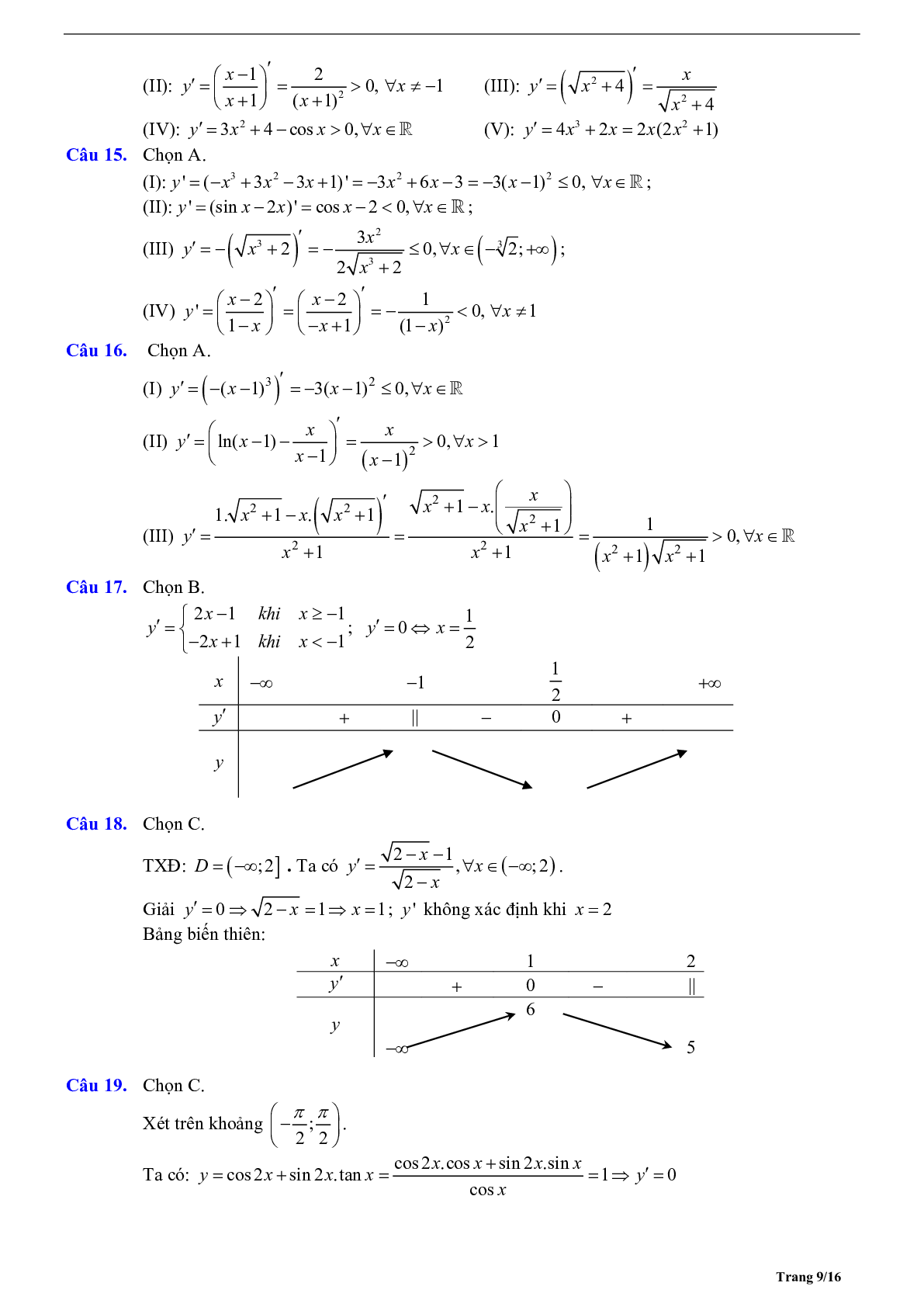 Tóm tắt lý thuyết và bài tập trắc nghiệm về tính đơn điệu của hàm số (trang 9)