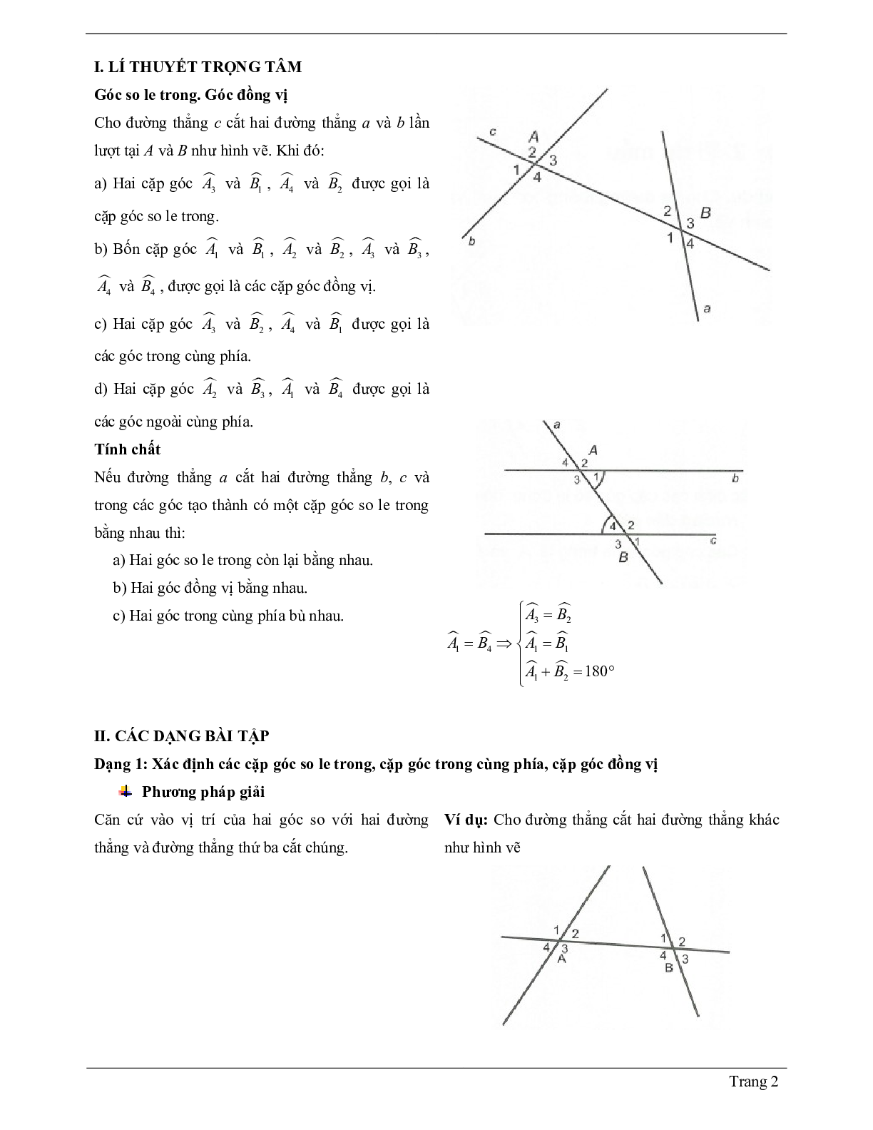 Lý thuyết Toán 7 có đáp án: Góc tạo bởi một đường thẳng cắt hai đường thẳng (trang 2)