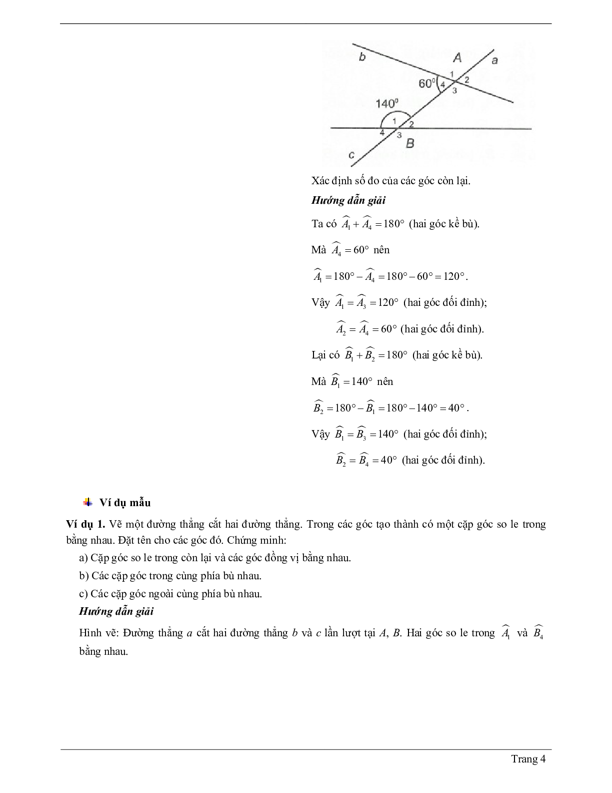Lý thuyết Toán 7 có đáp án: Góc tạo bởi một đường thẳng cắt hai đường thẳng (trang 4)