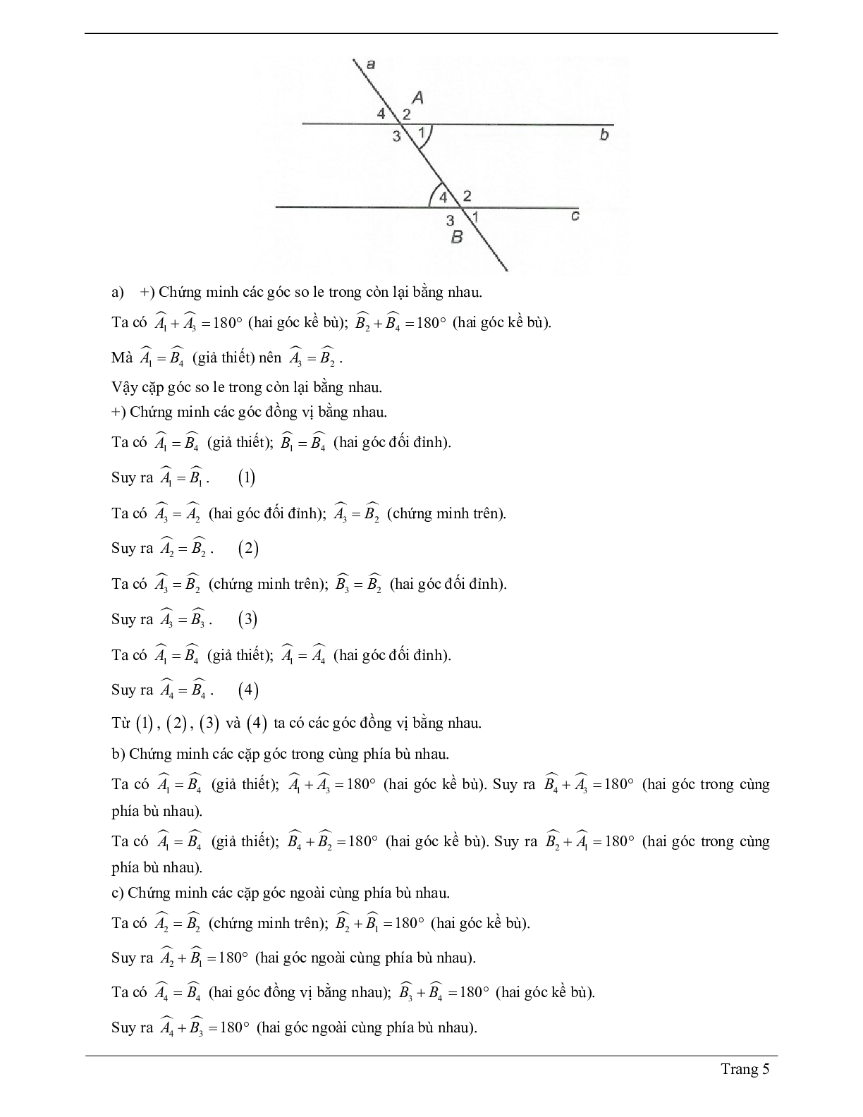 Lý thuyết Toán 7 có đáp án: Góc tạo bởi một đường thẳng cắt hai đường thẳng (trang 5)