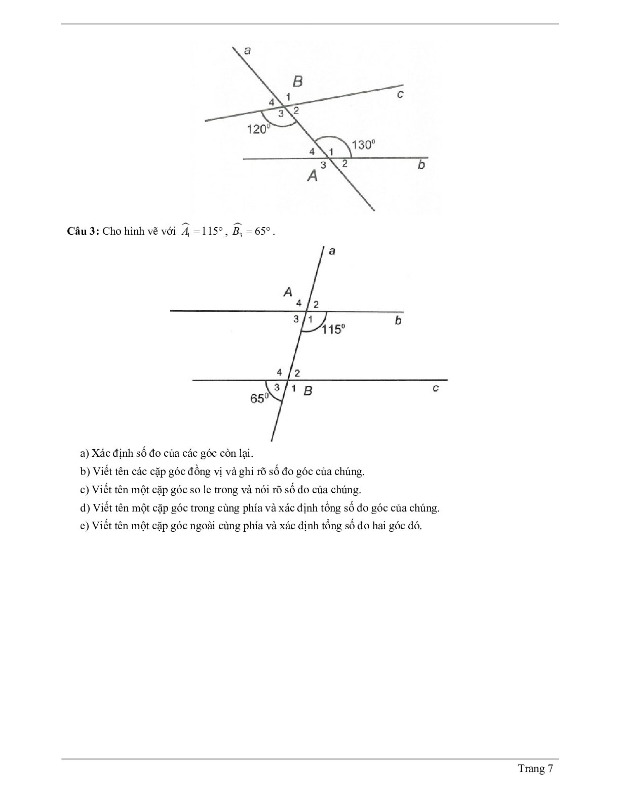 Lý thuyết Toán 7 có đáp án: Góc tạo bởi một đường thẳng cắt hai đường thẳng (trang 7)