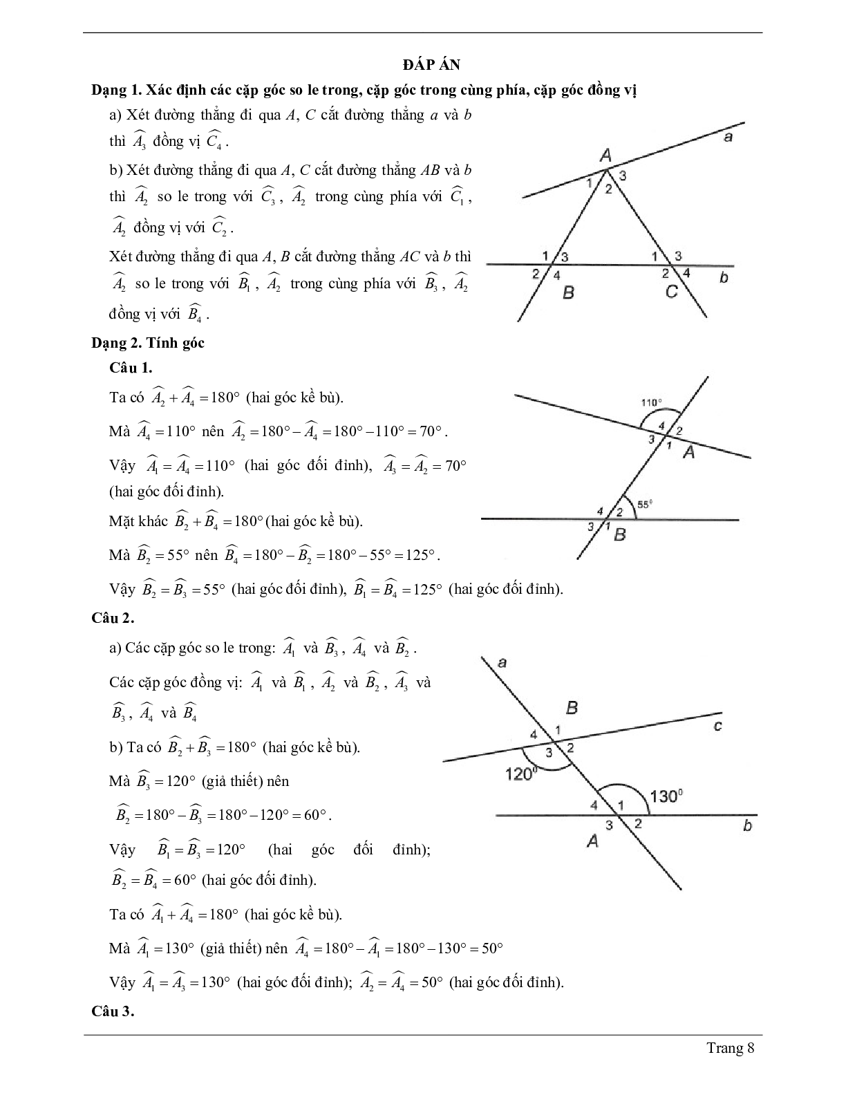 Lý thuyết Toán 7 có đáp án: Góc tạo bởi một đường thẳng cắt hai đường thẳng (trang 8)