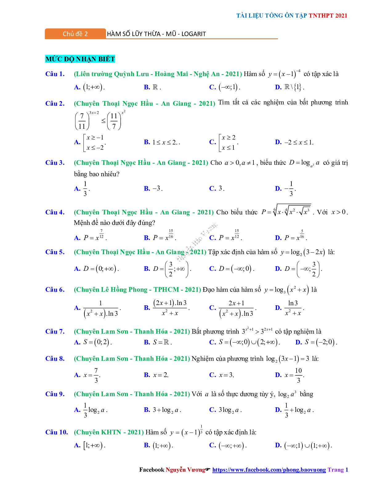 Trắc nghiệm Ôn thi THPT QG Toán 12 có đáp án: Câu hỏi mũ - lũy thừa - logarit mức độ nhận biết (trang 1)