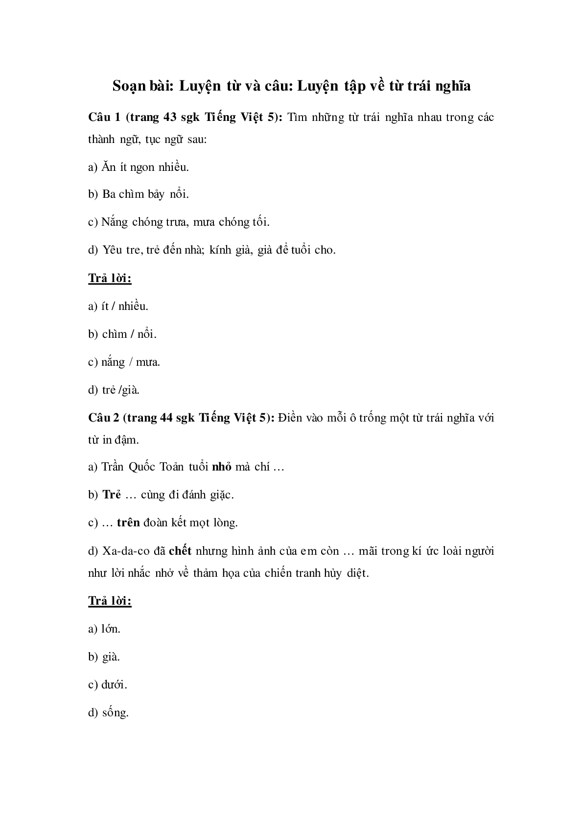 Soạn Tiếng Việt lớp 5: Luyện từ và câu: Luyện tập về từ trái nghĩa mới nhất (trang 1)