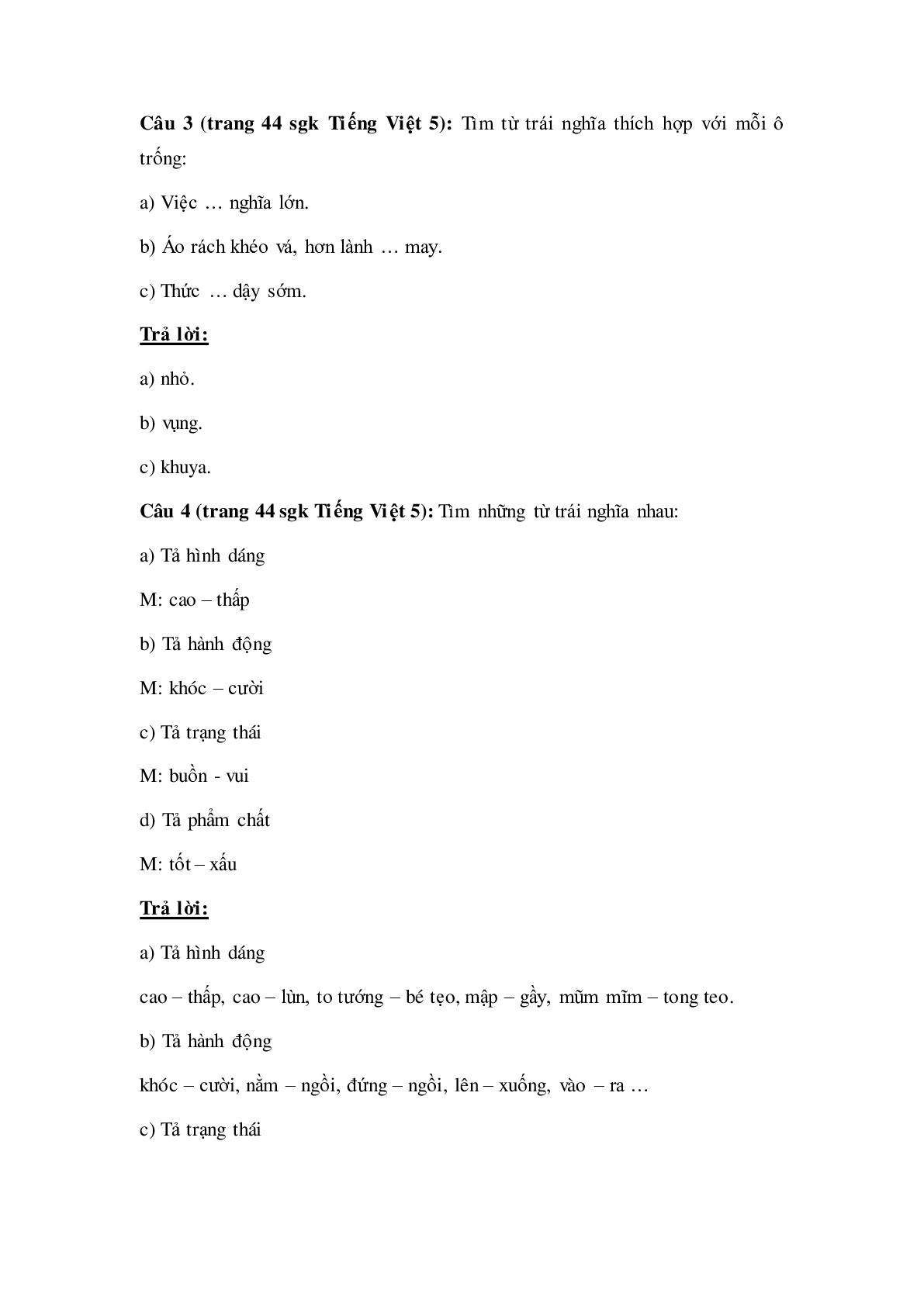 Soạn Tiếng Việt lớp 5: Luyện từ và câu: Luyện tập về từ trái nghĩa mới nhất (trang 2)