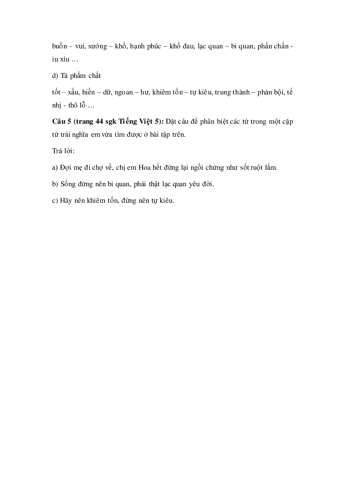 Soạn Tiếng Việt lớp 5: Luyện từ và câu: Luyện tập về từ trái nghĩa mới nhất (trang 3)