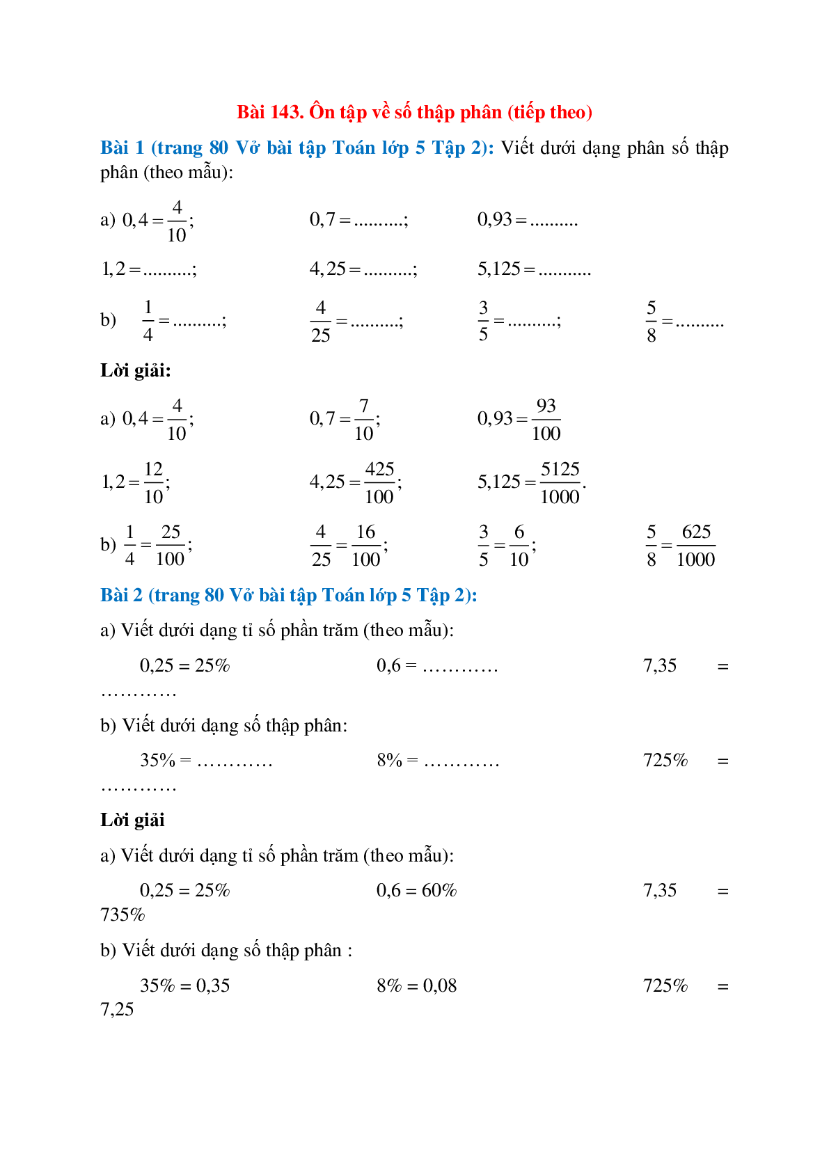 Vở bài tập Toán lớp 5 Tập 2 trang 80, 81 Bài 143: Ôn tập về số thập phân (tiếp theo) (trang 1)